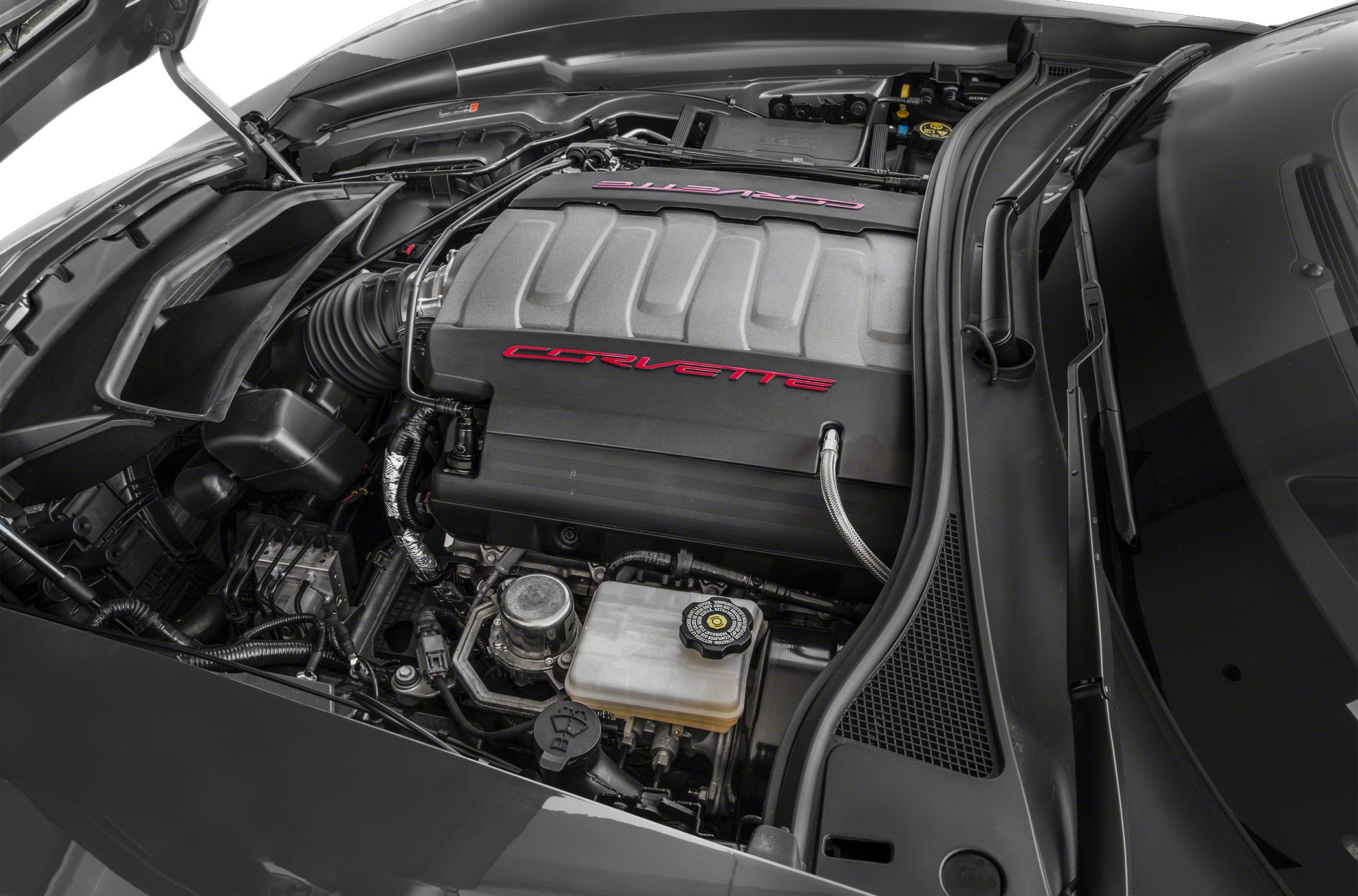 Clean and detailed V8 engine bay with Corvette lettering