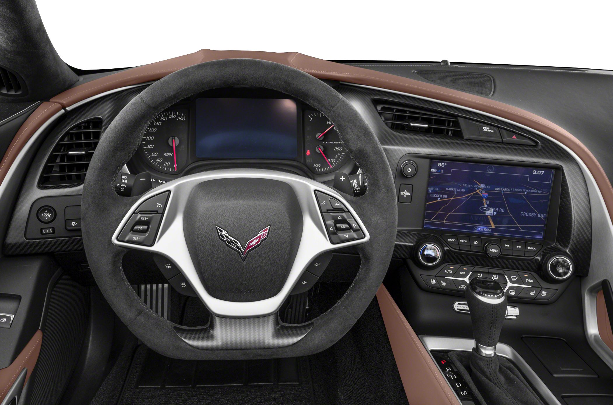 Steering wheel, digital instrument cluster, infotainment touchscreen, gear shift