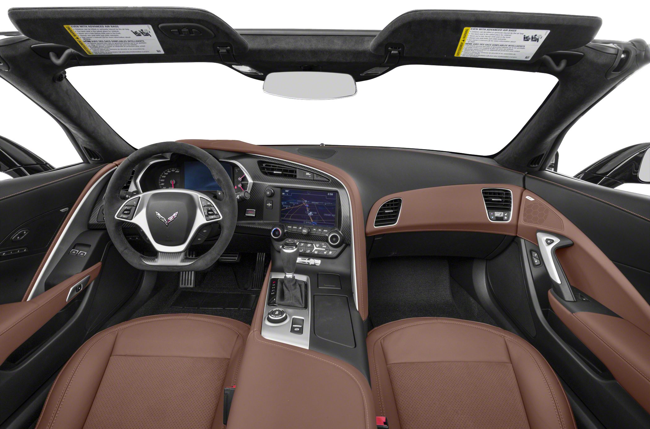 Convertible car interior with dashboard, leather seats, and steering wheel.