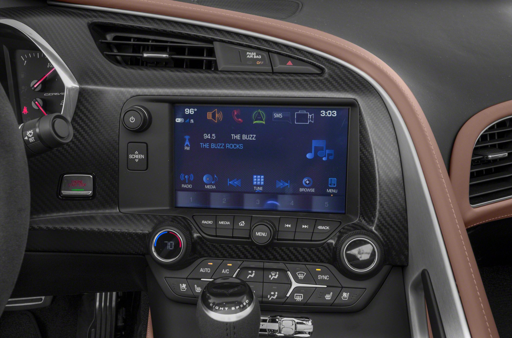 Carbon fiber dashboard and touchscreen infotainment system with climate controls