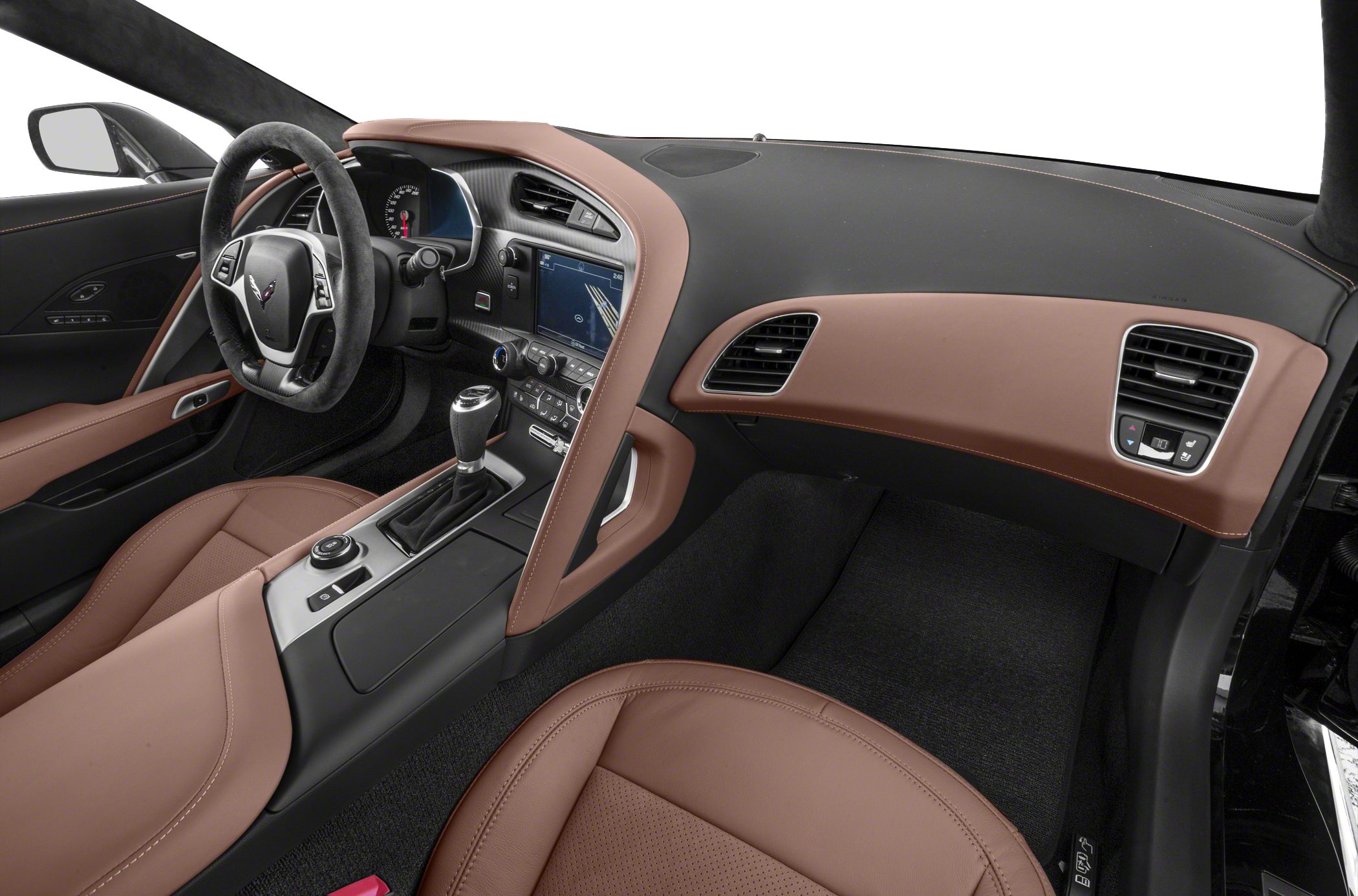 Brown leather seats and modern dashboard interior with touchscreen display.