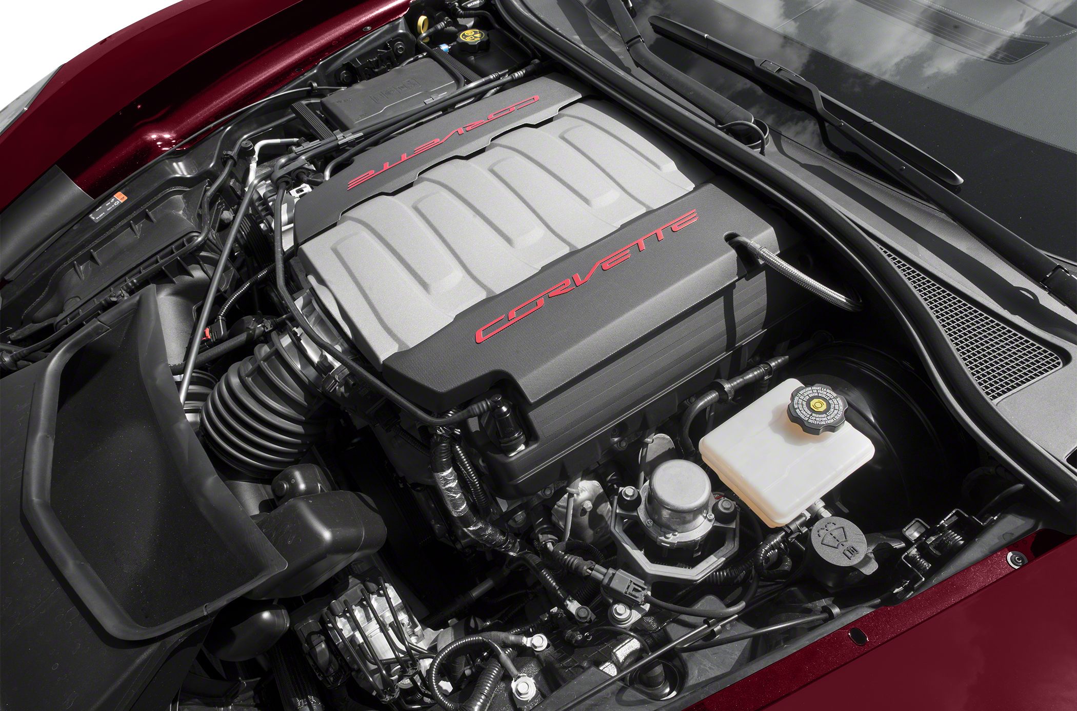 Engine bay with Corvette-branded engine cover