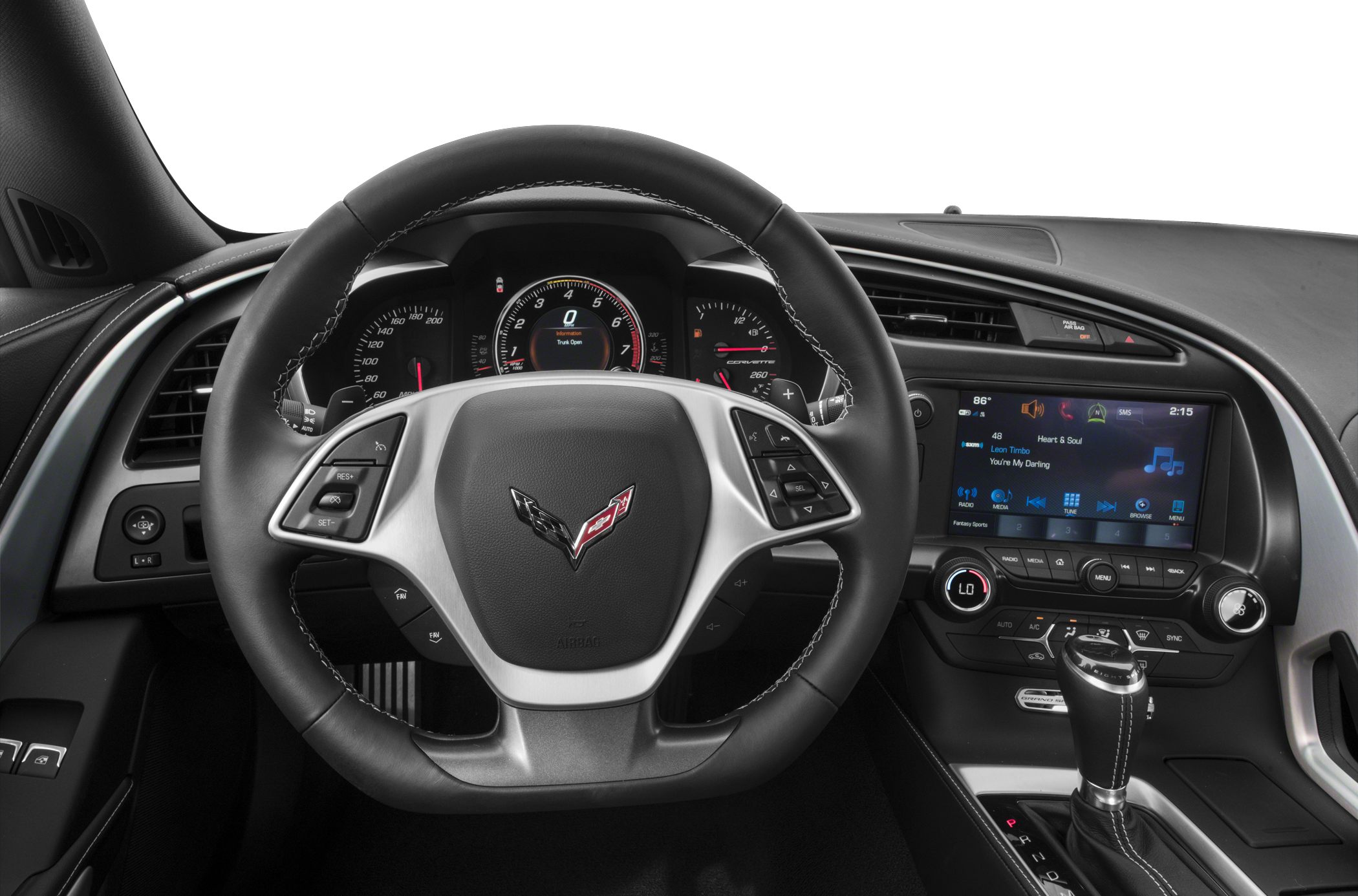 Sports car steering wheel and digital dashboard with infotainment system