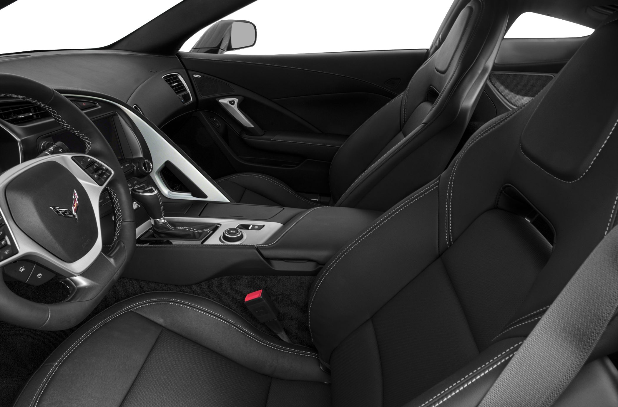 Sporty black leather seats with white stitching inside a modern coupe cabin.