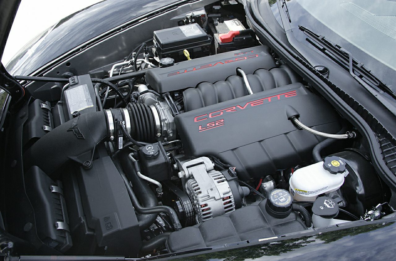 Close-up view of a high-performance LS2 engine bay with visible components