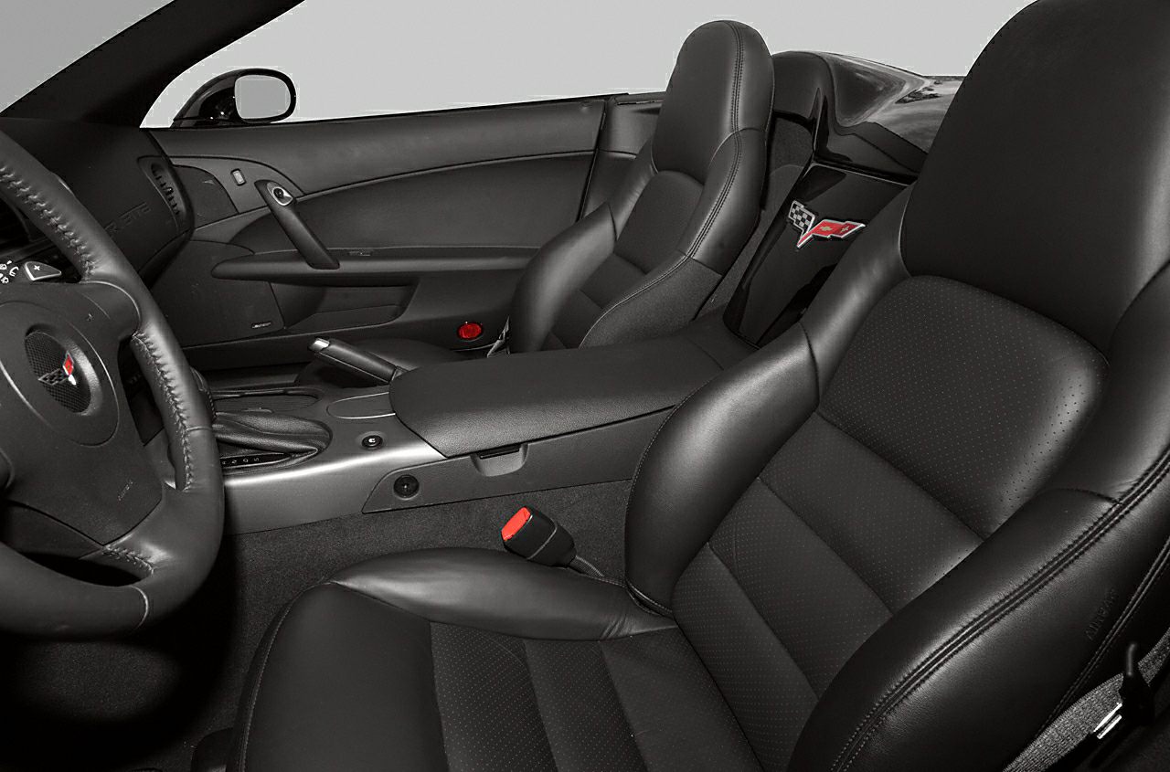 Black leather seats and center console in sports convertible interior