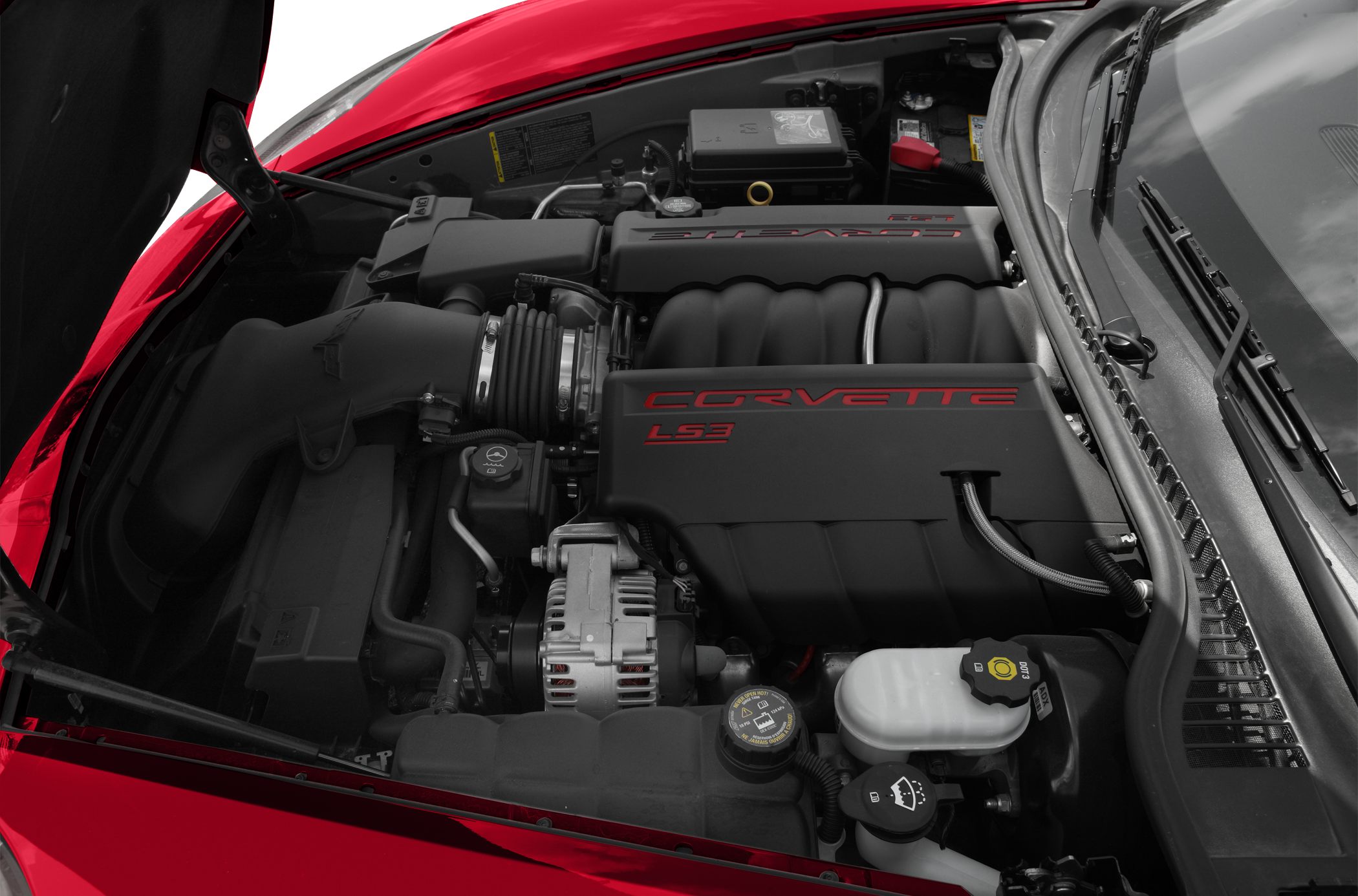 Close-up of LS3 V8 engine bay in a Chevrolet Corvette C6 coupe