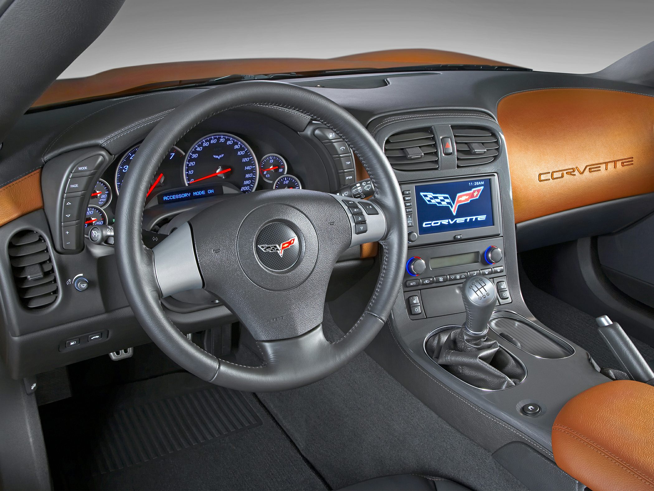 Sporty car interior with manual gear shift and digital dashboard display