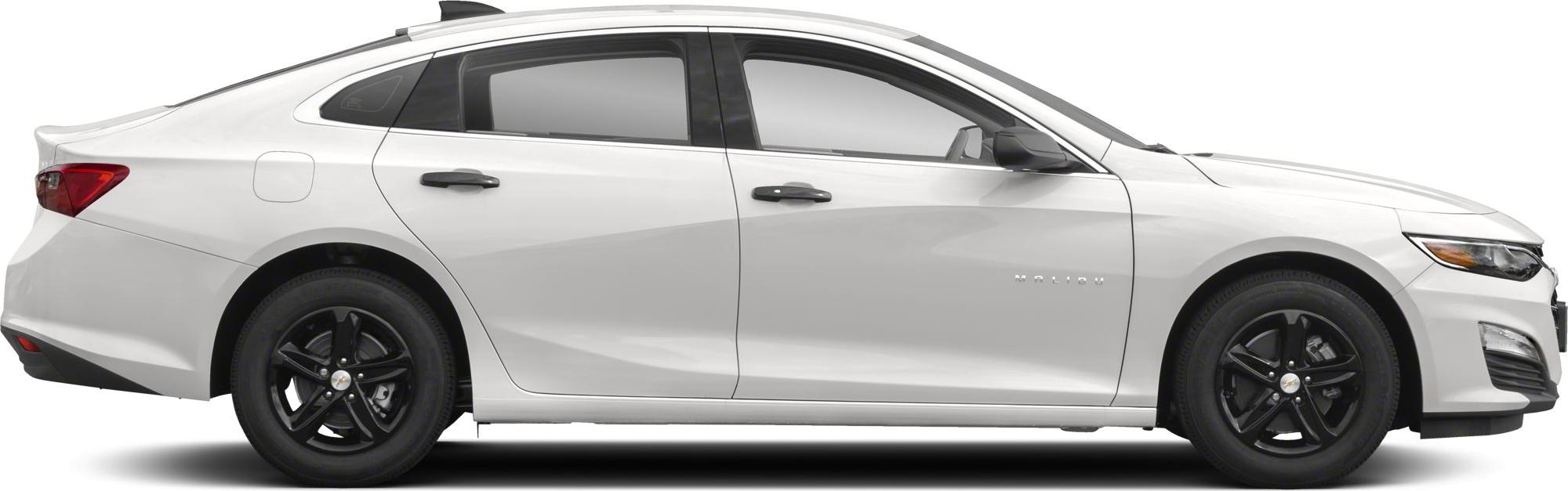 Side profile of a white midsize sedan with black alloy wheels