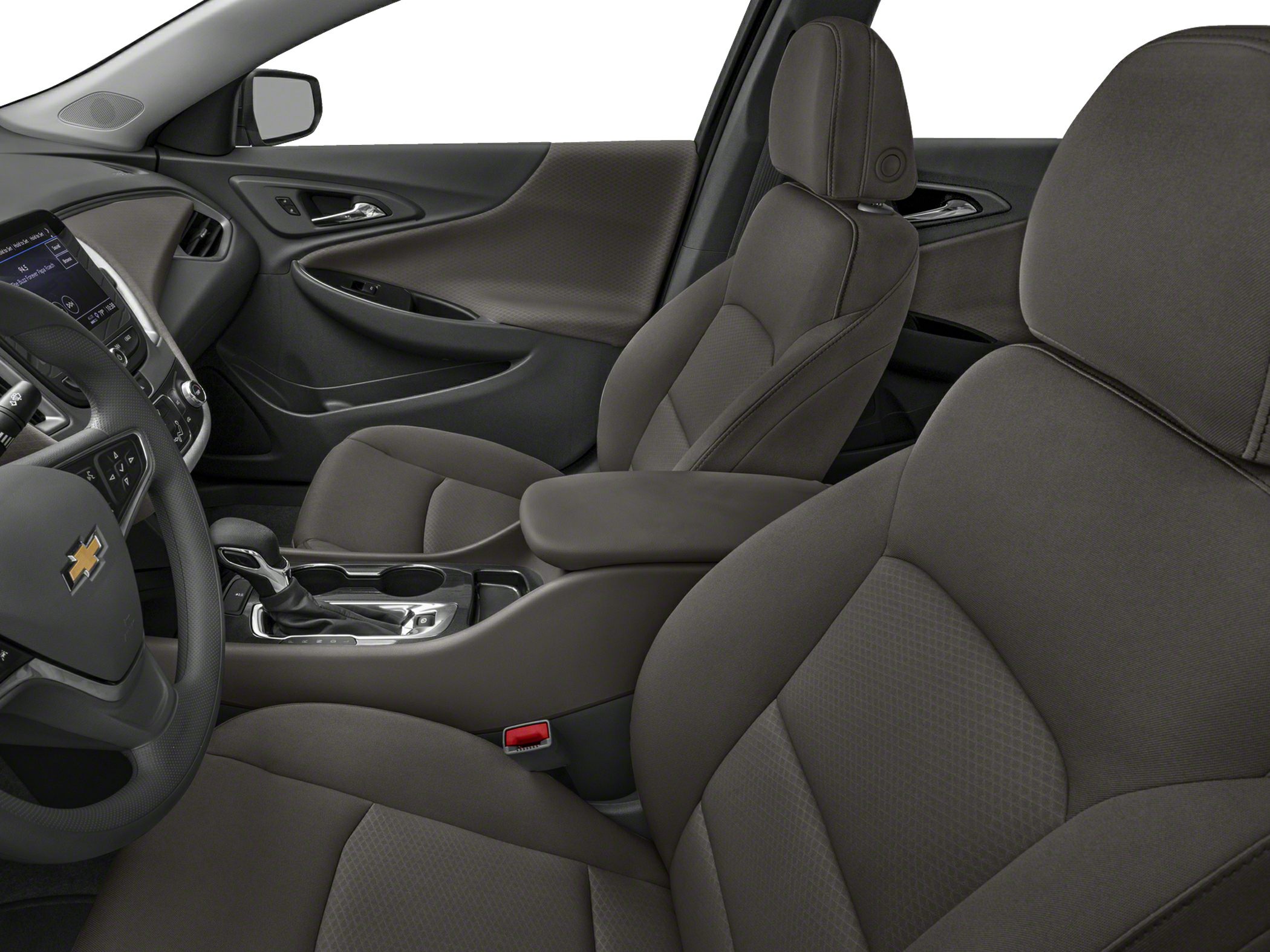 Interior with dashboard, center console, gear shift, and fabric seats