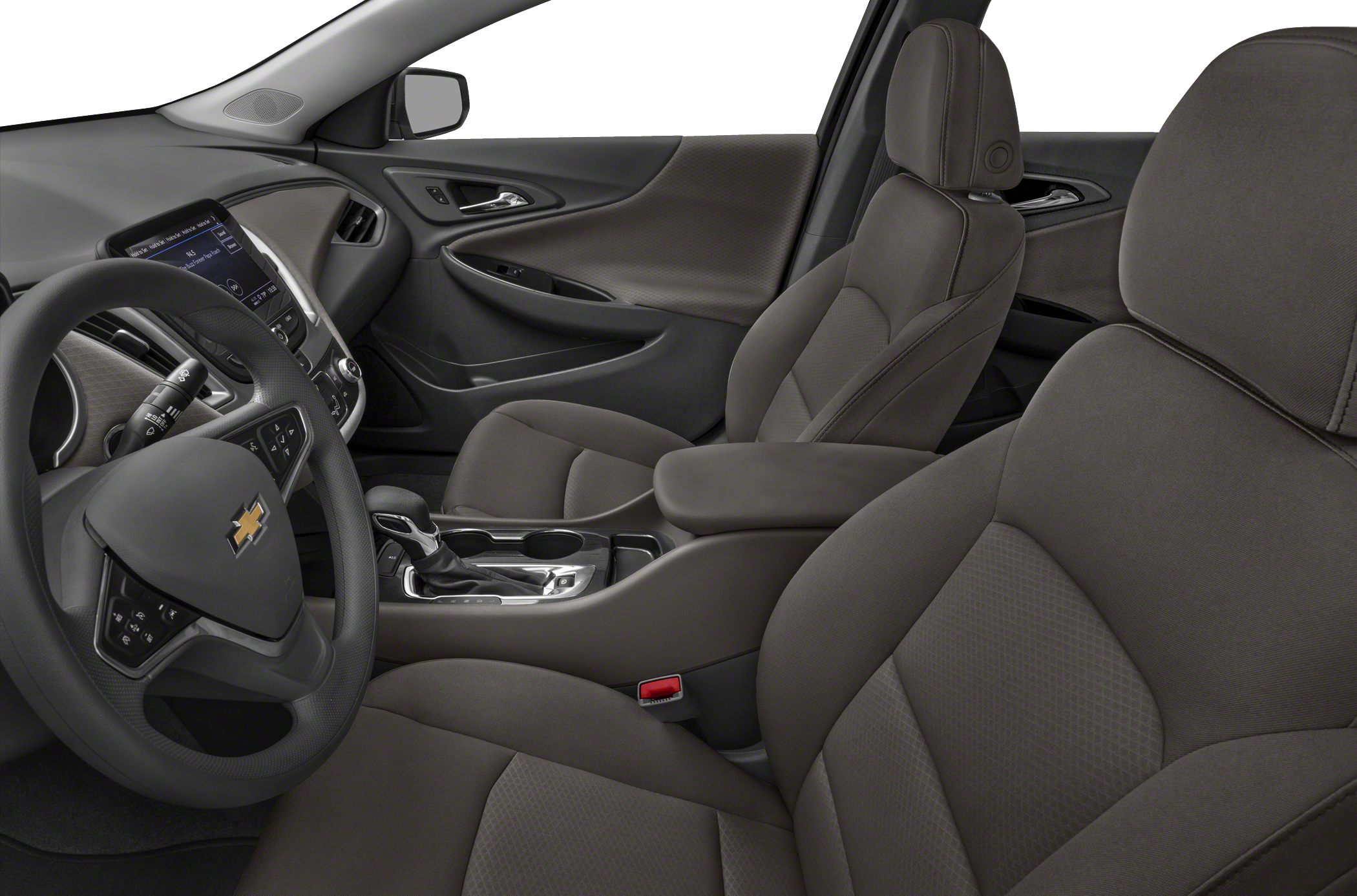 Front cabin interior with seats, steering wheel, and center console