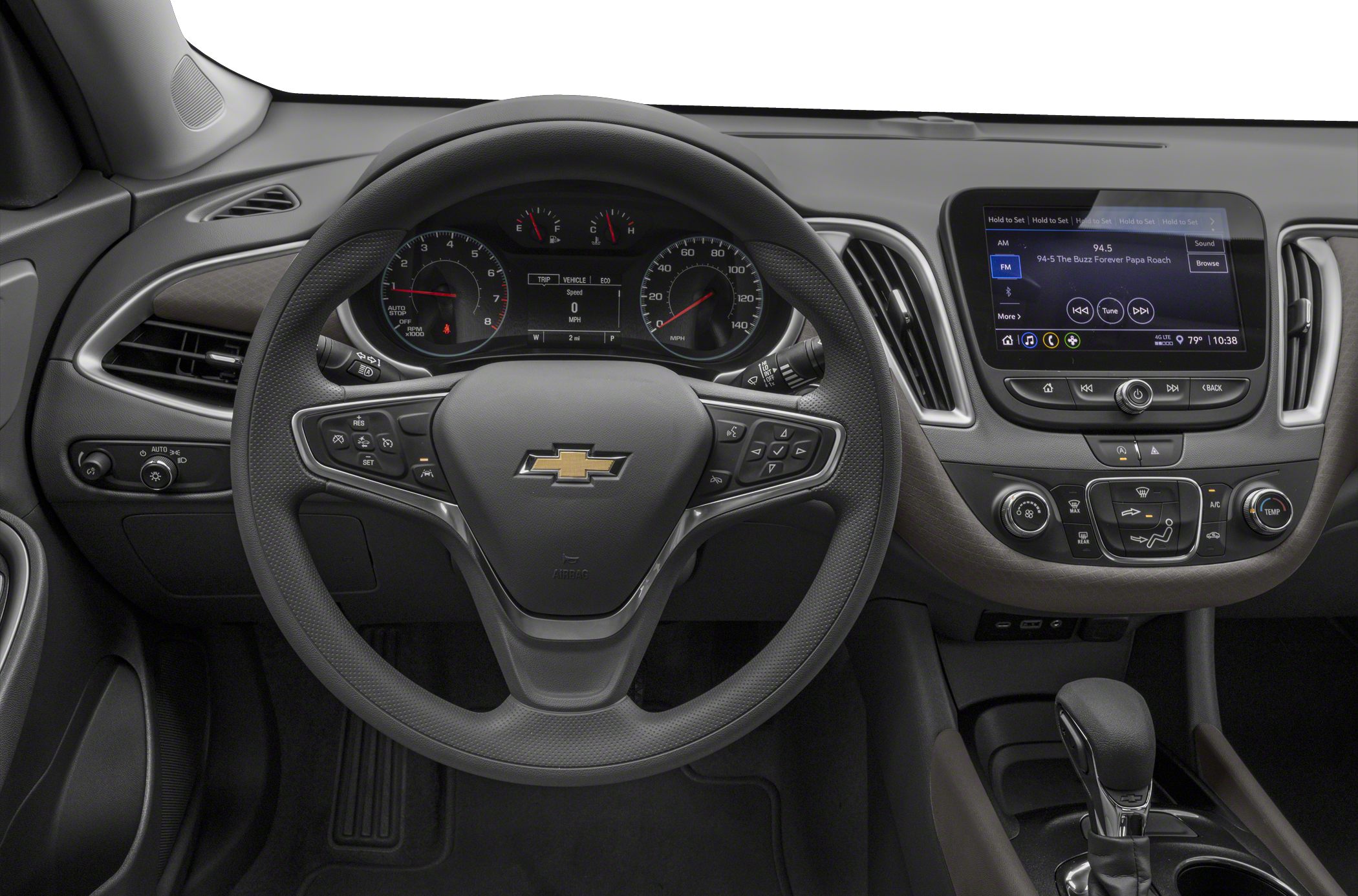 Steering wheel, dashboard, infotainment system, and gear shifter of car interior