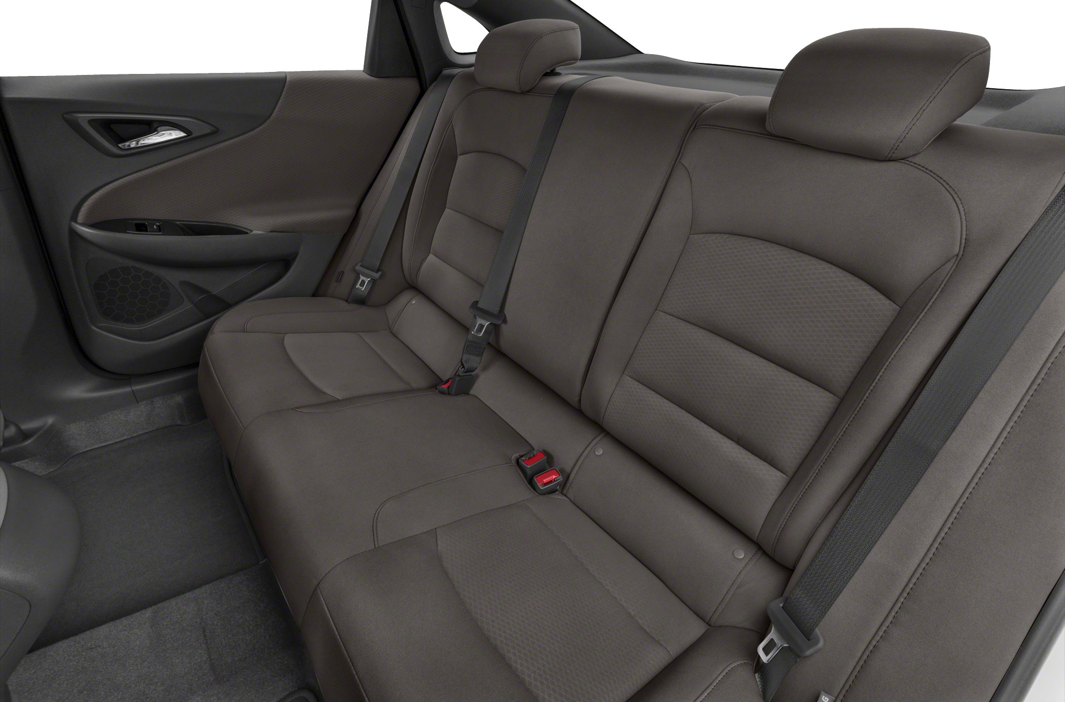 Rear seat interior with molded upholstery and integrated seatbelts