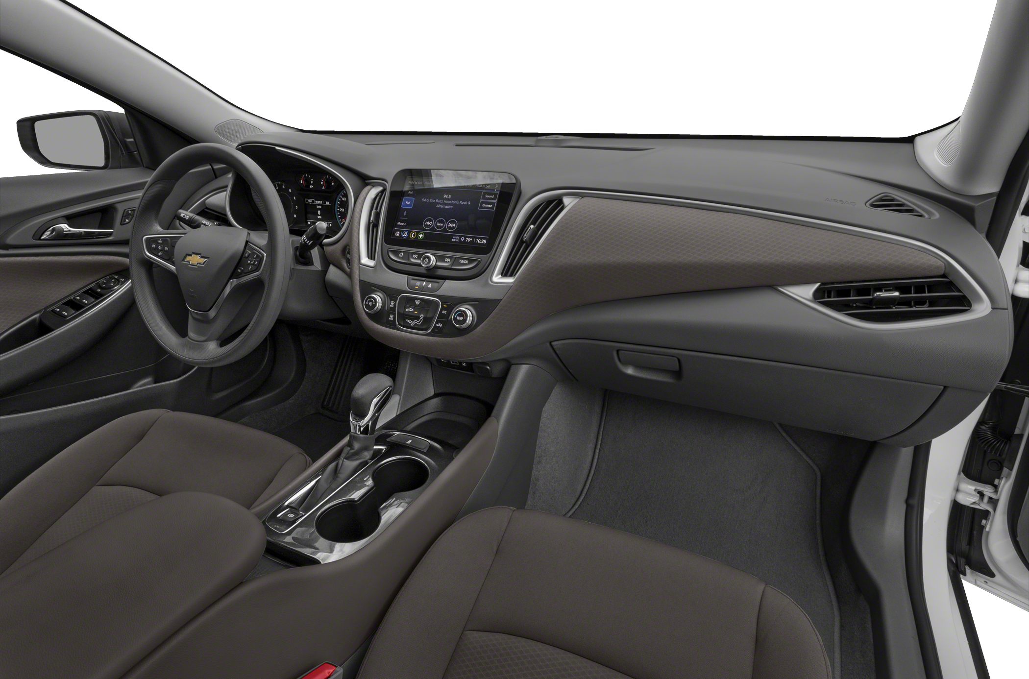 Modern car interior with dashboard, infotainment screen, and center console