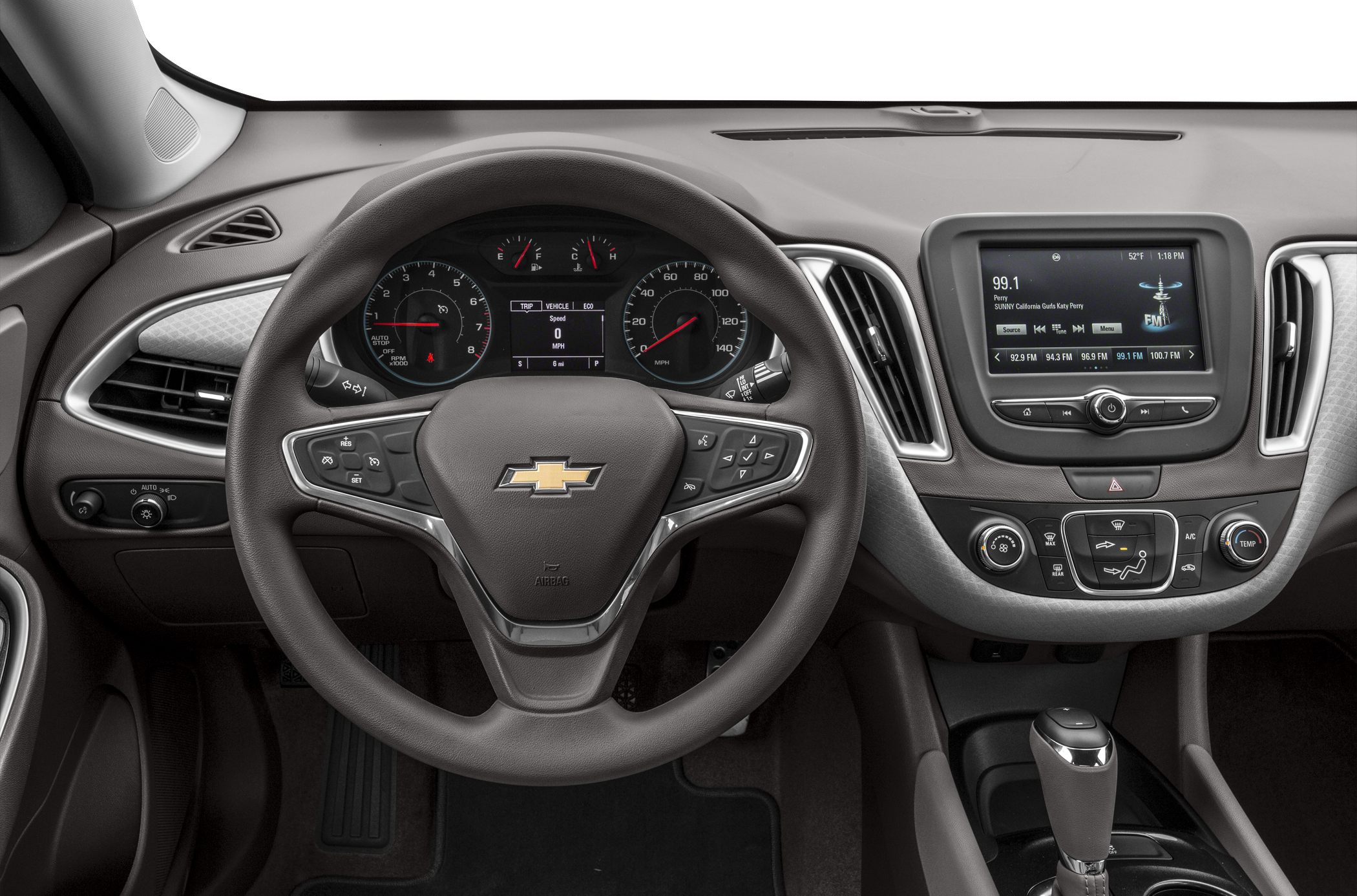 Dashboard, steering wheel, and infotainment system layout