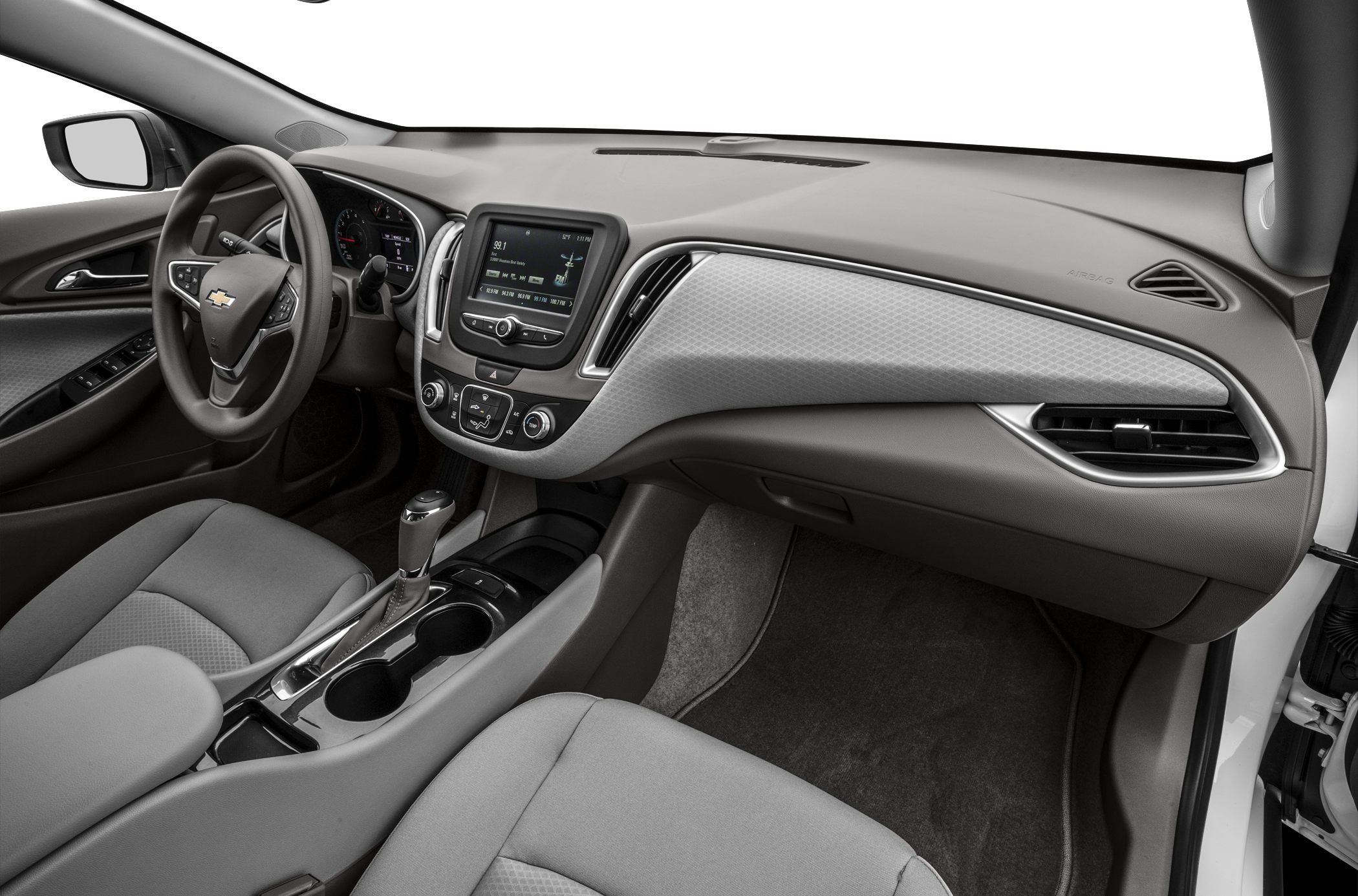 Dashboard, infotainment, steering wheel, and center console interior view