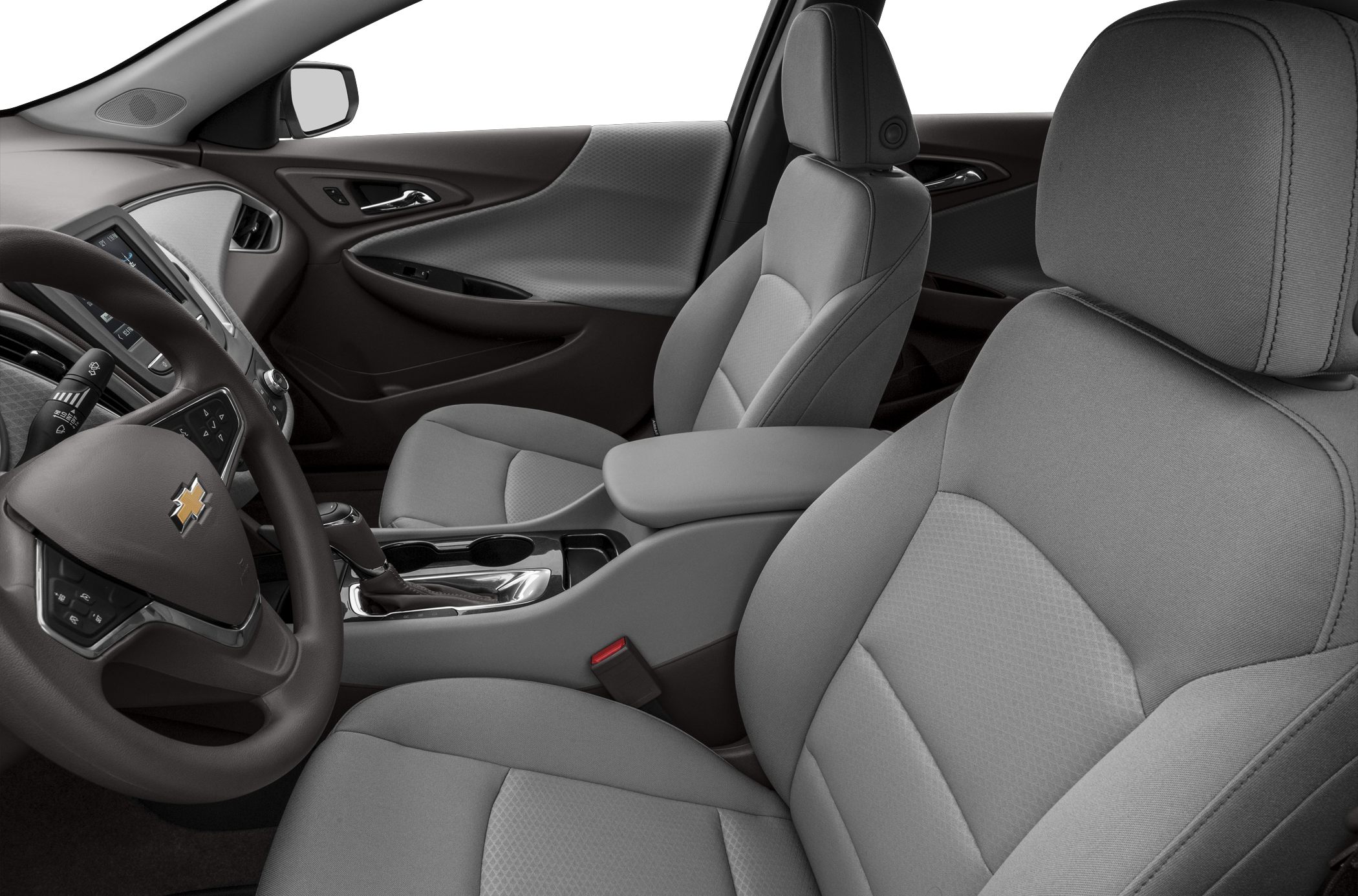 Front seats with gray cloth upholstery and center console interior