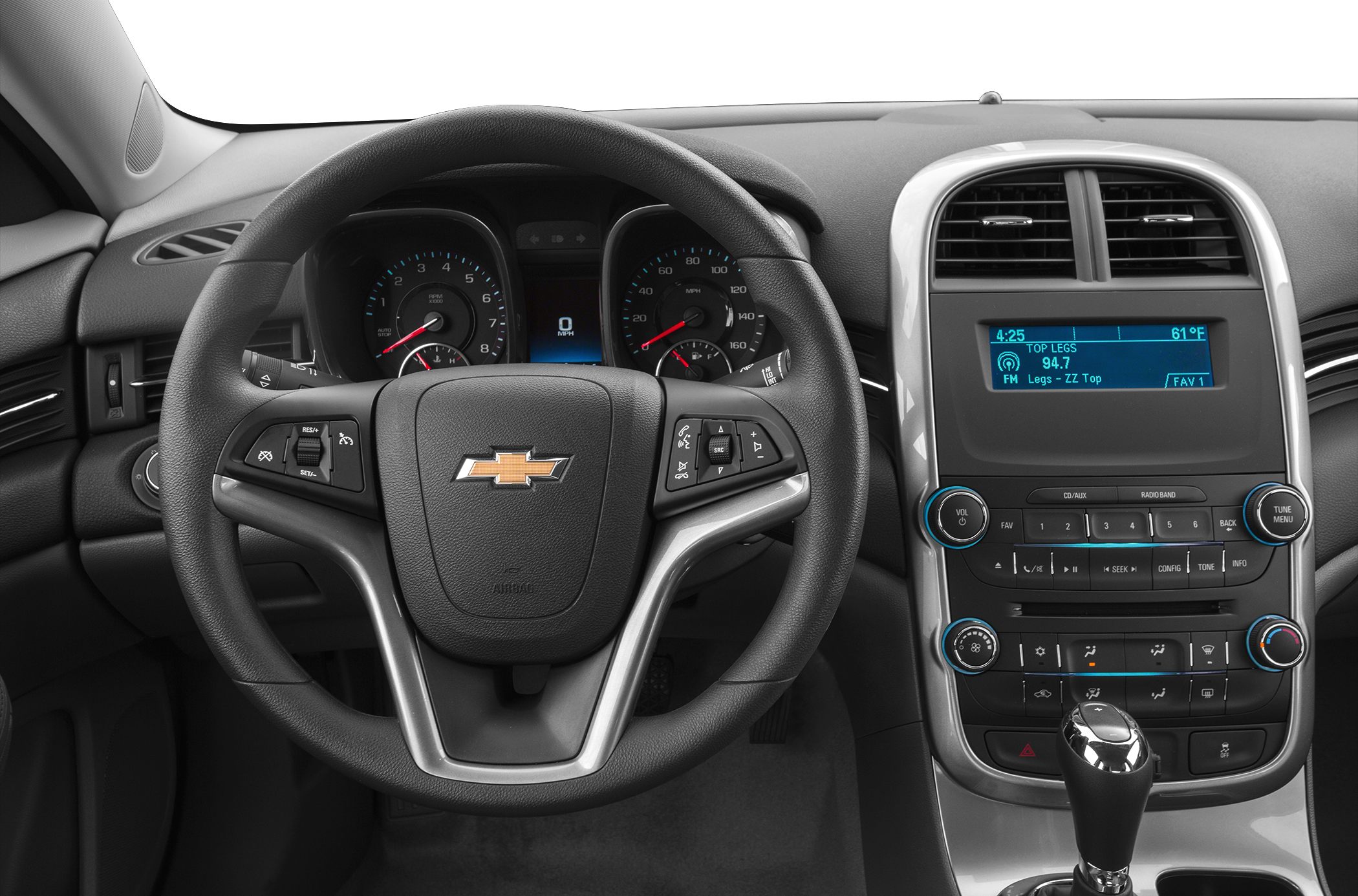 Steering wheel and center console with dashboard gauges and controls