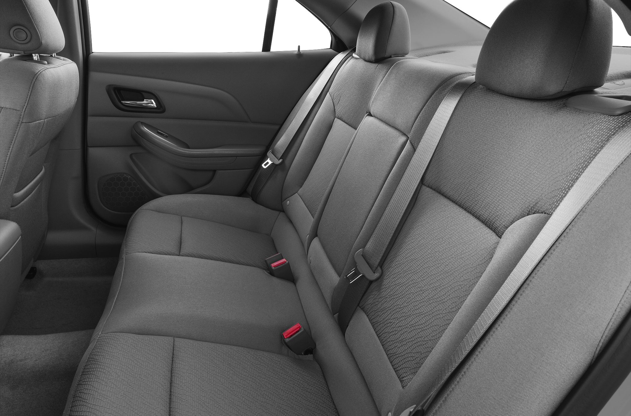 Rear seat interior with fabric upholstery and seatbelts