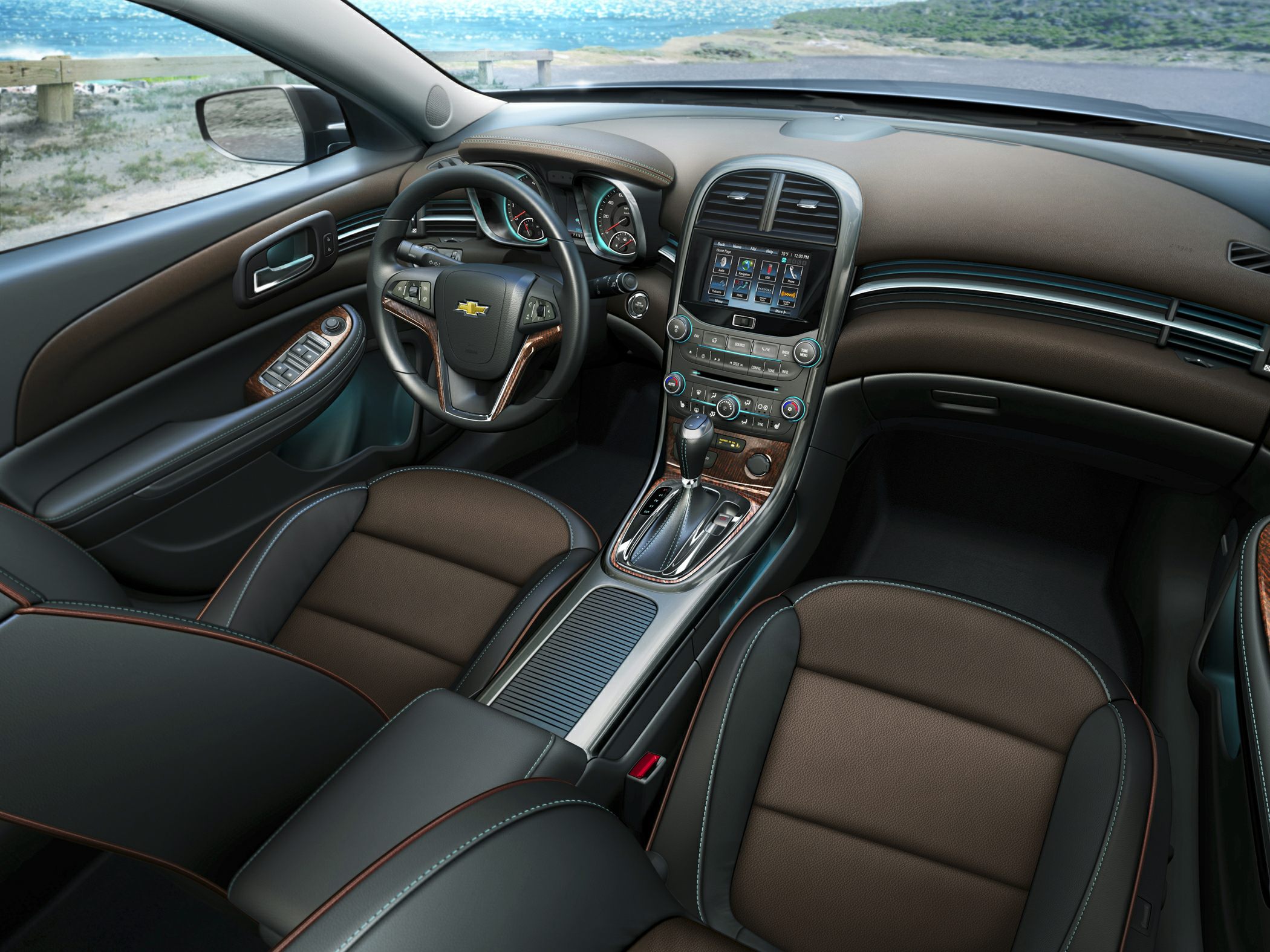 Leather seats and touchscreen infotainment in car interior
