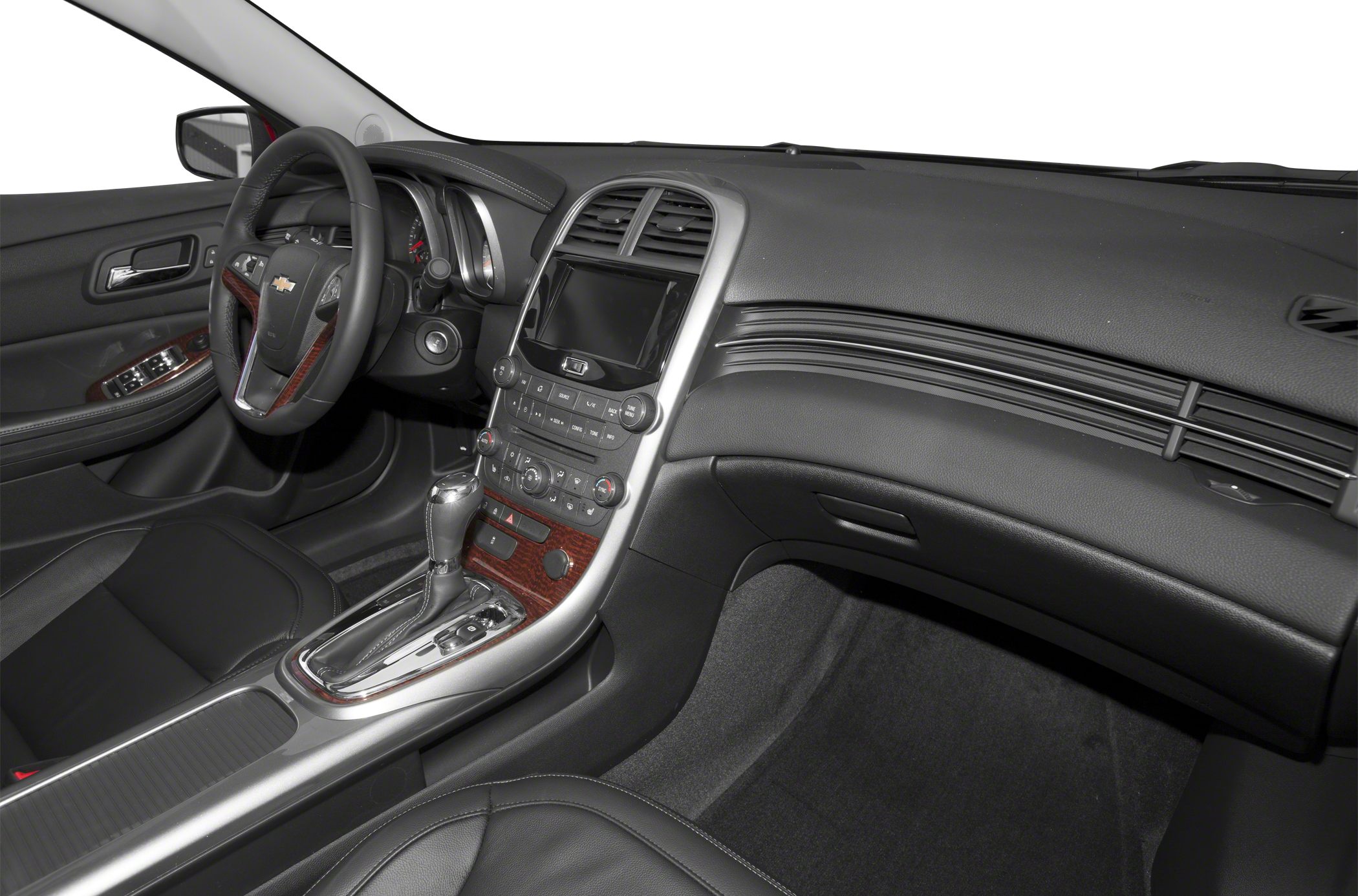 Modern dashboard with infotainment and leather steering wheel