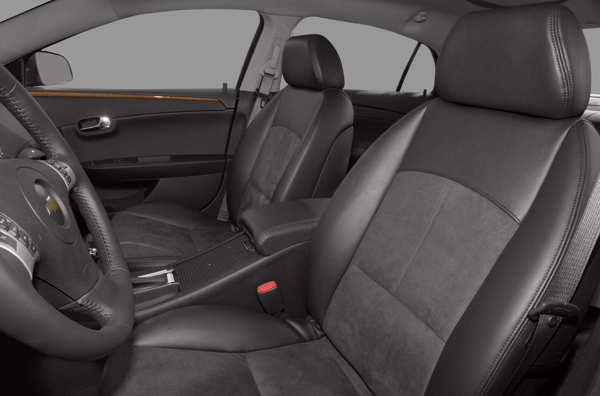 Close-up of leather front seats and steering wheel interior