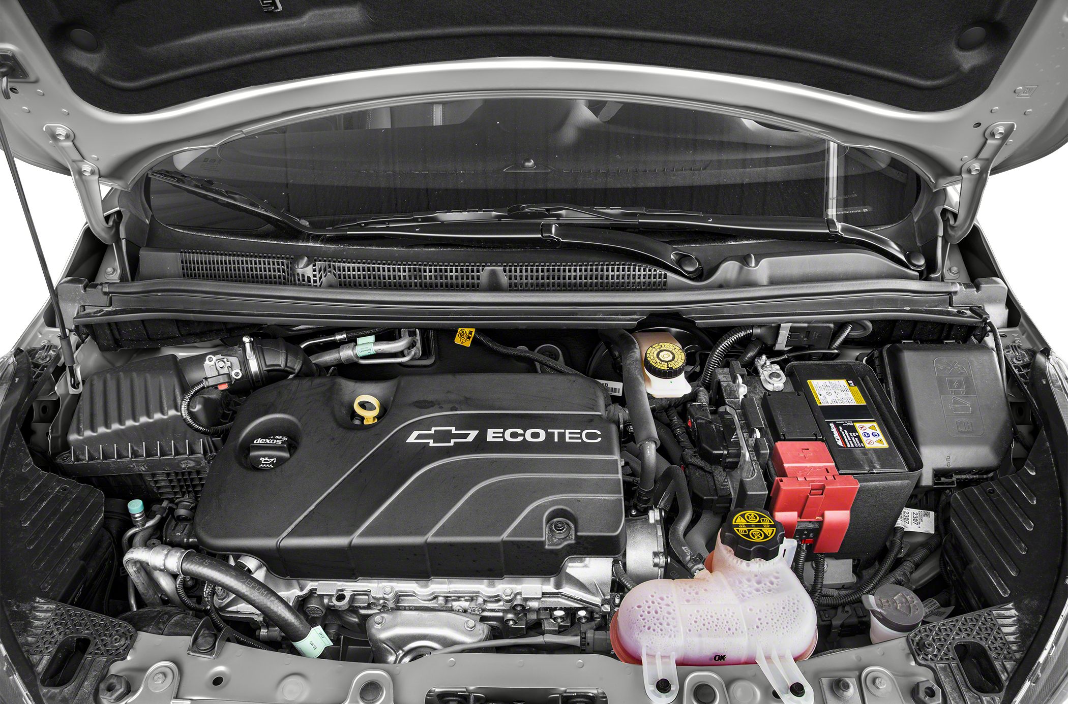 Compact Ecotec engine with battery and fluid reservoirs under open hood