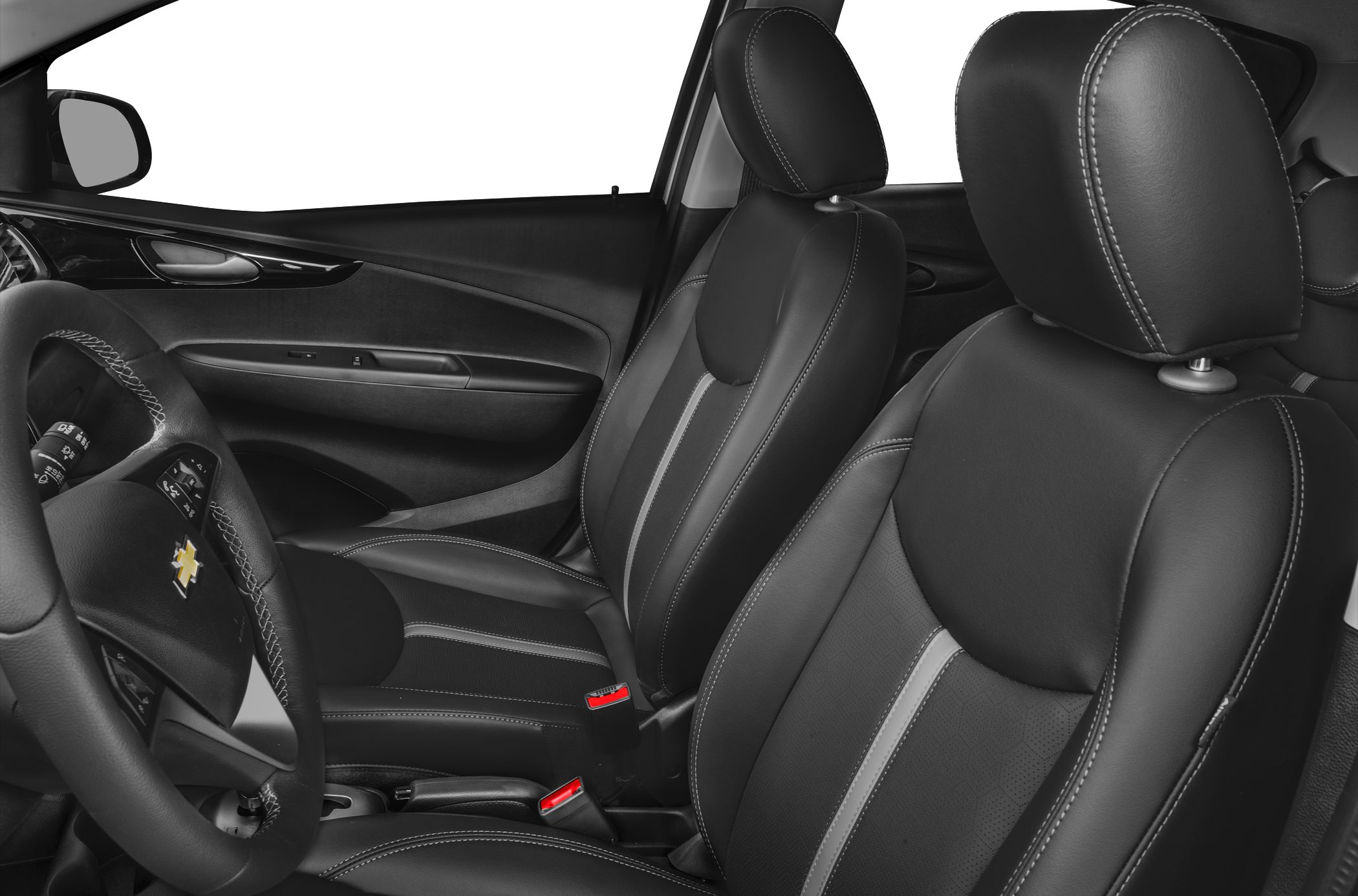 Steering wheel, door panel, and front seat upholstery design with detailed stitching