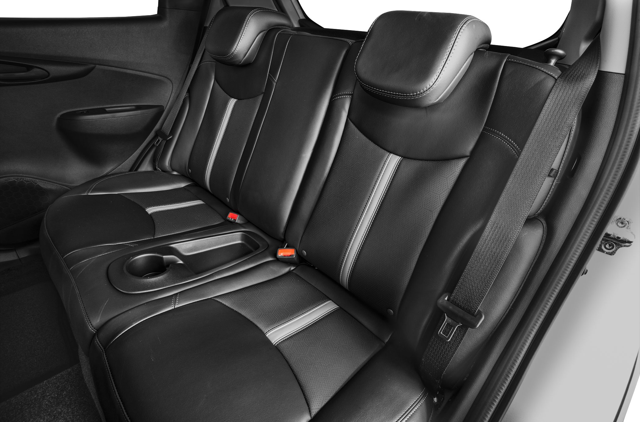 Rear seat interior with black leather upholstery and cup holder