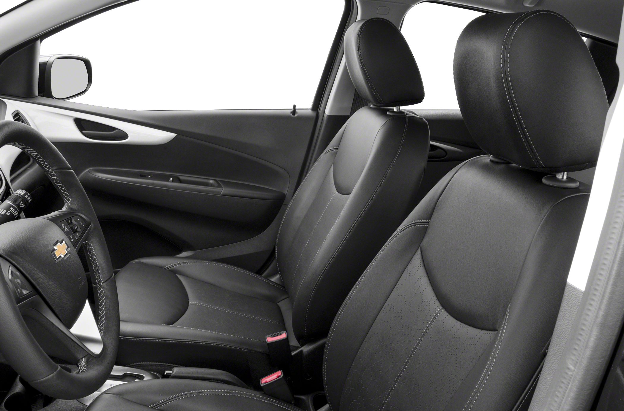 Black leather seats with stitching and leather steering wheel interior