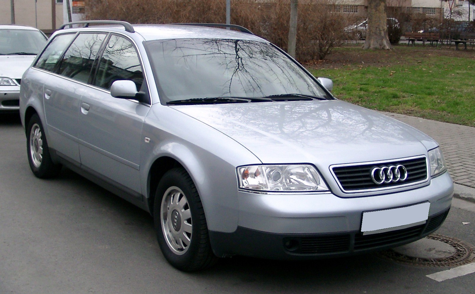 Silver station wagon front side with headlamps and roof rails