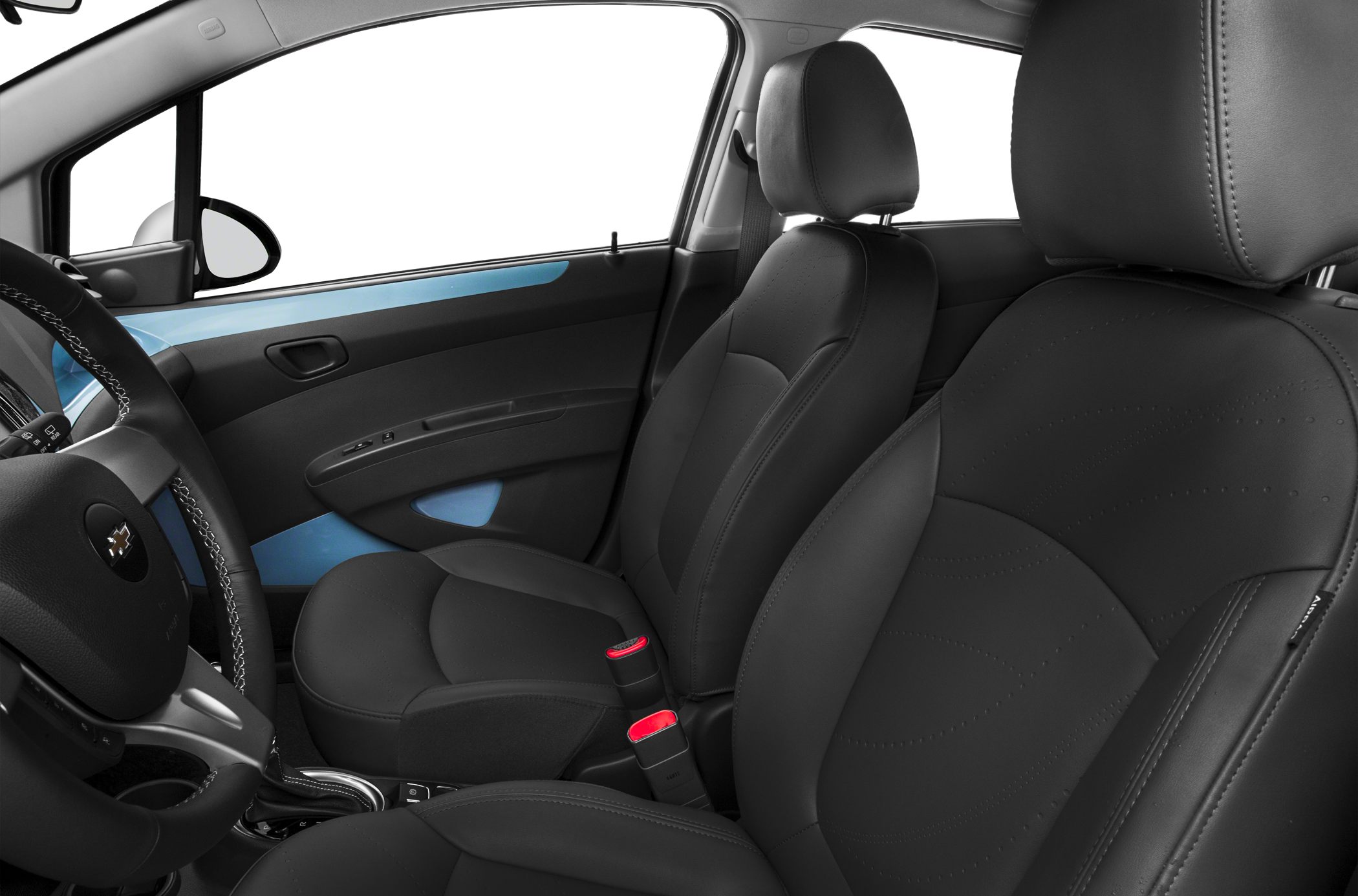 Close-up of black leather seats and steering wheel with blue door panel accents