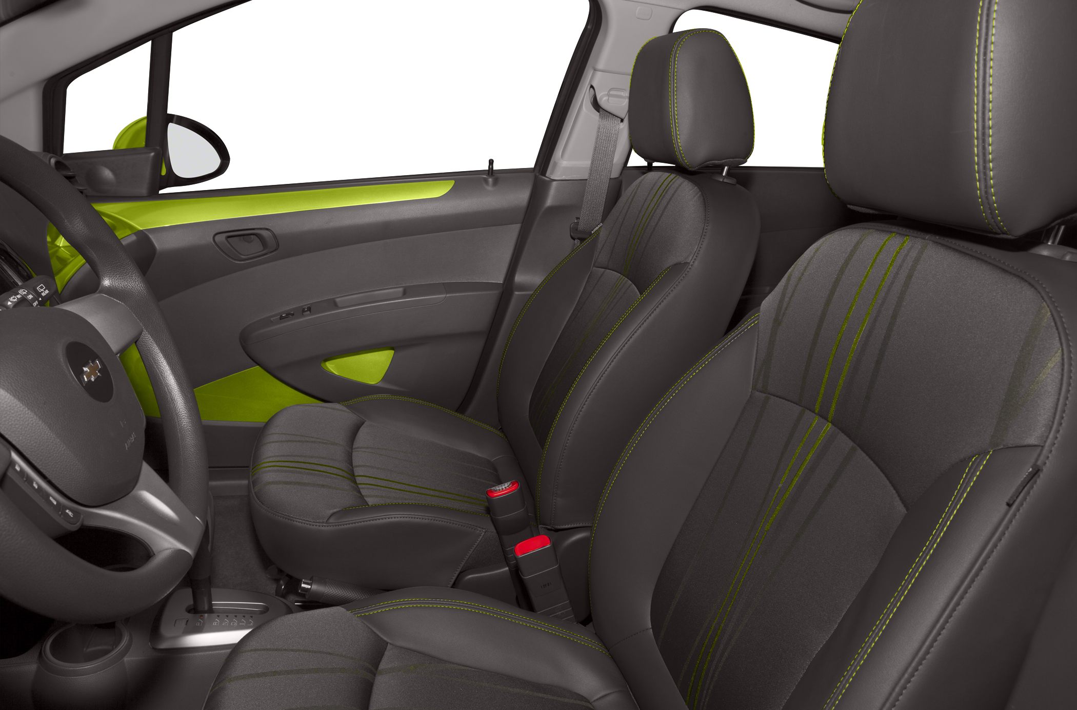 Front seats with green stitching and green interior door accents