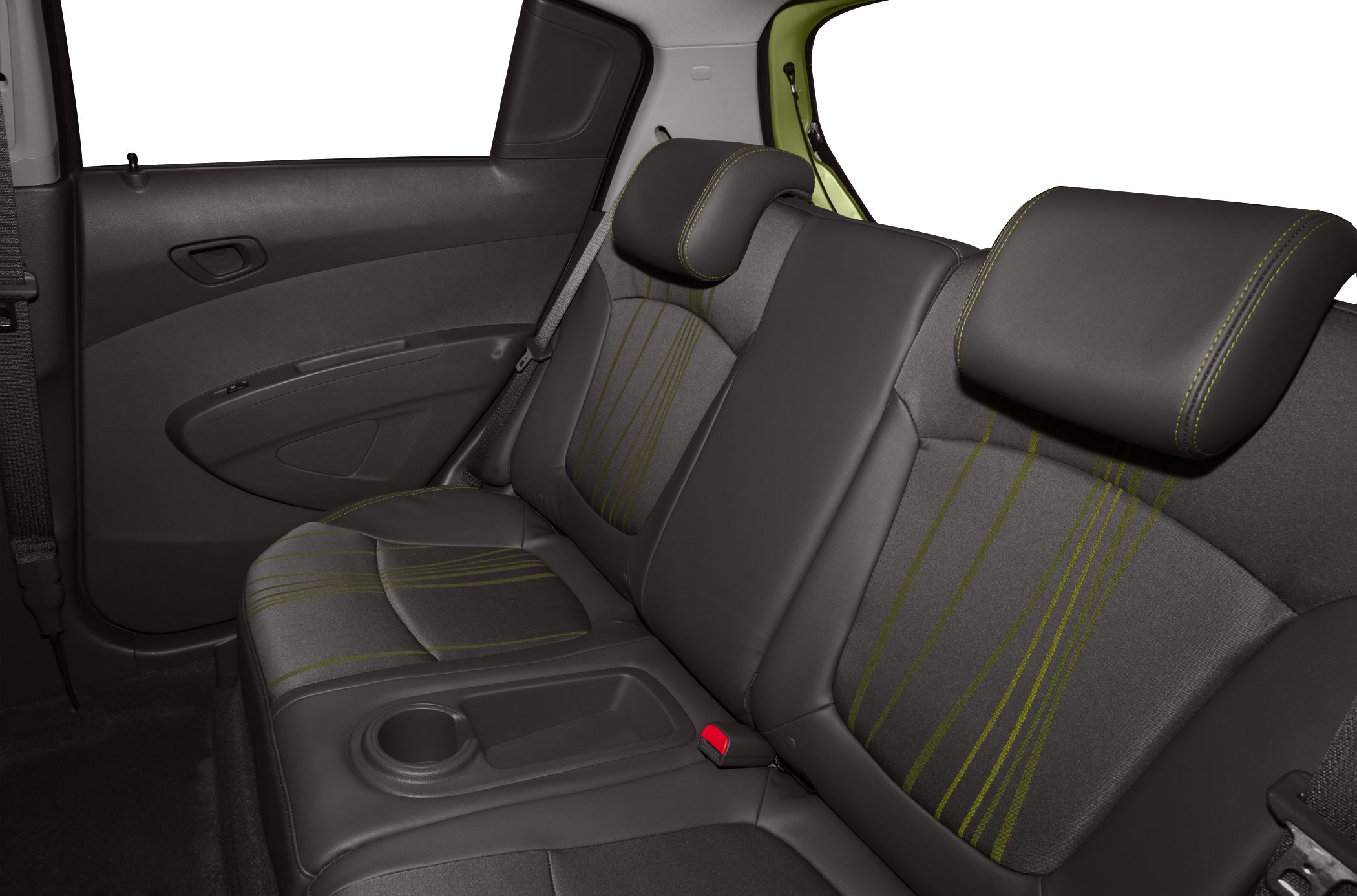 Rear car seat with fabric and leather upholstery, cup holder, and seatbelt