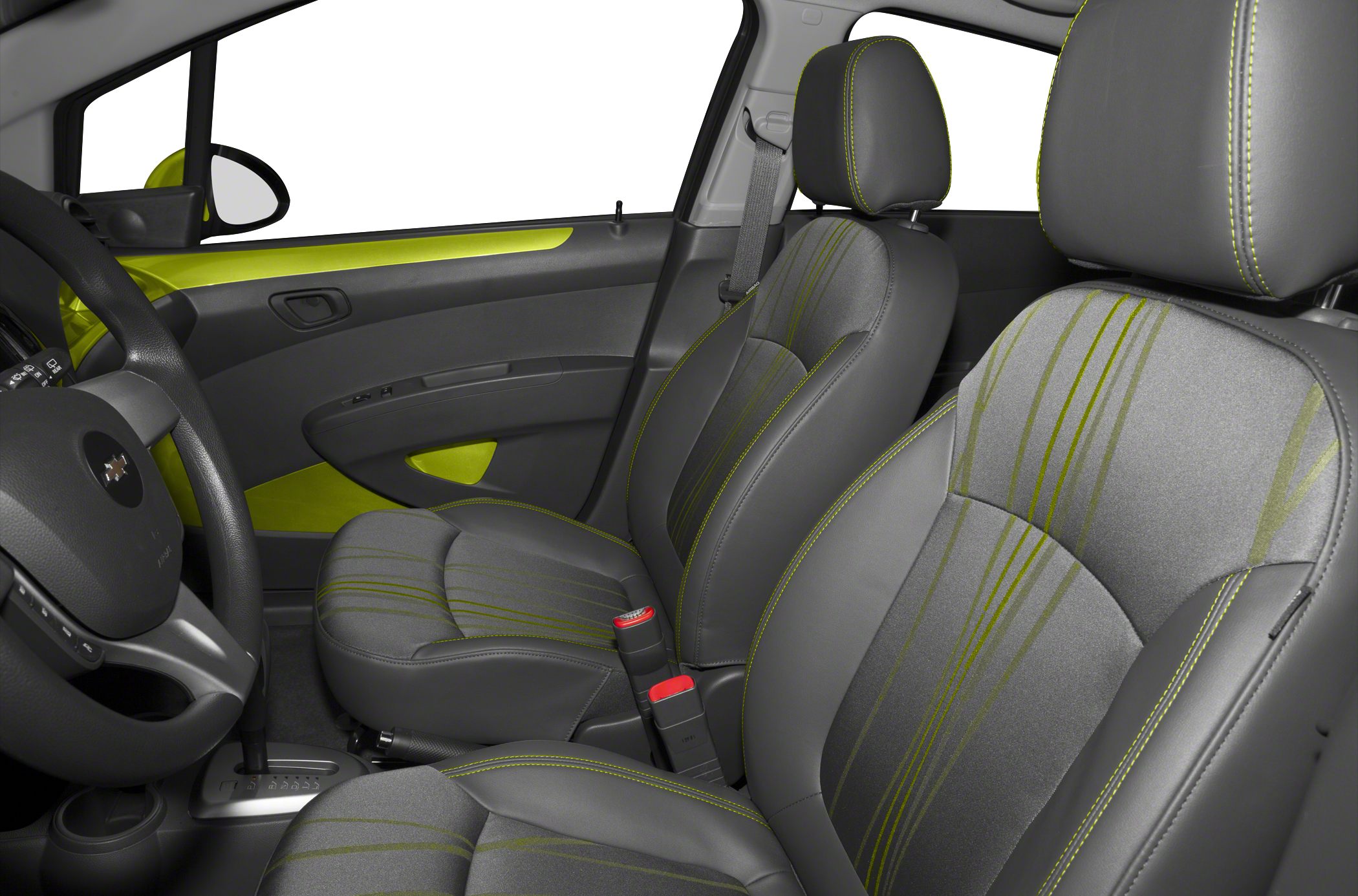 Front seats and door panel with contrast stitching in car interior
