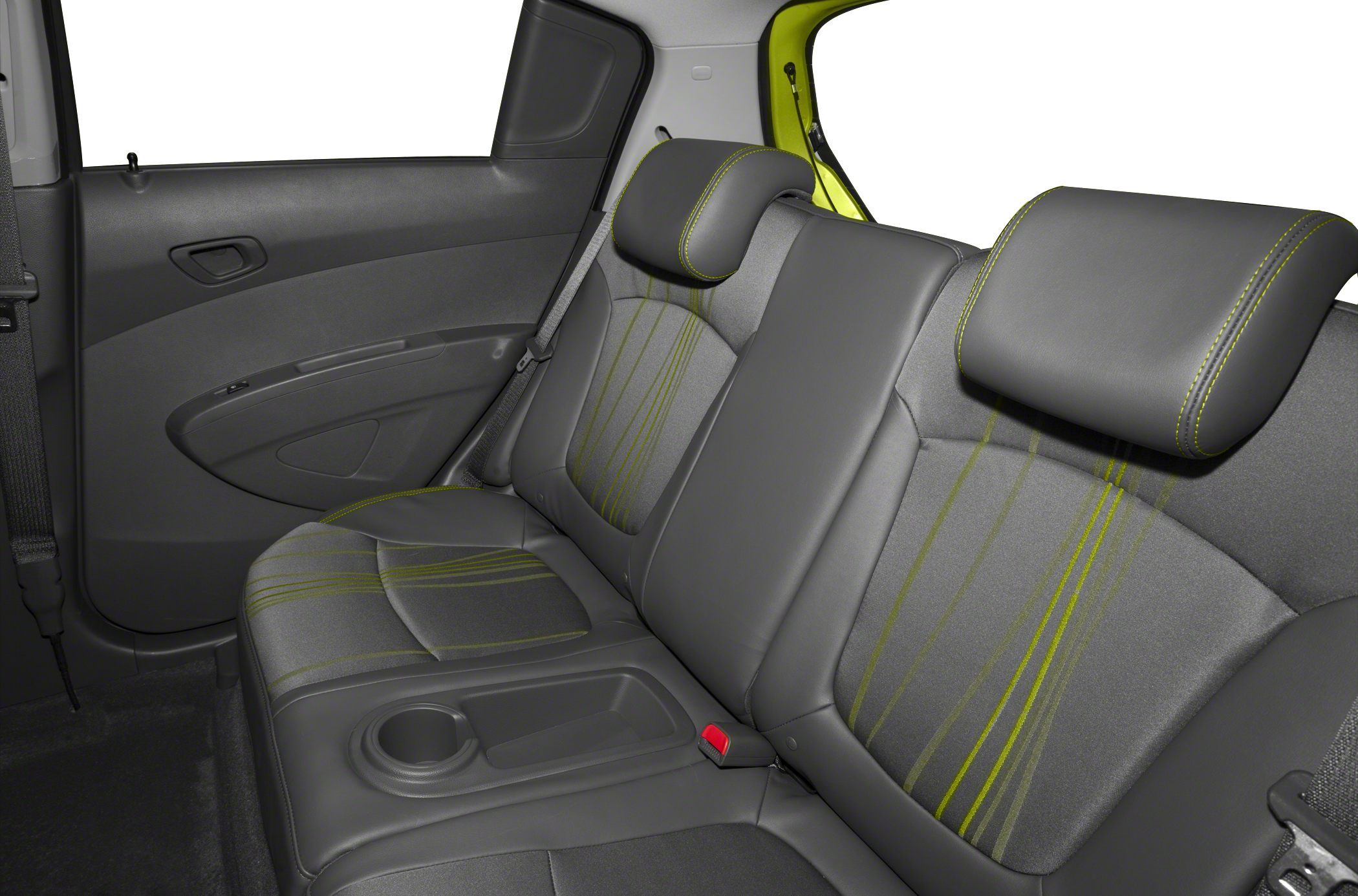 Rear seats upholstery with integrated headrests and cupholder