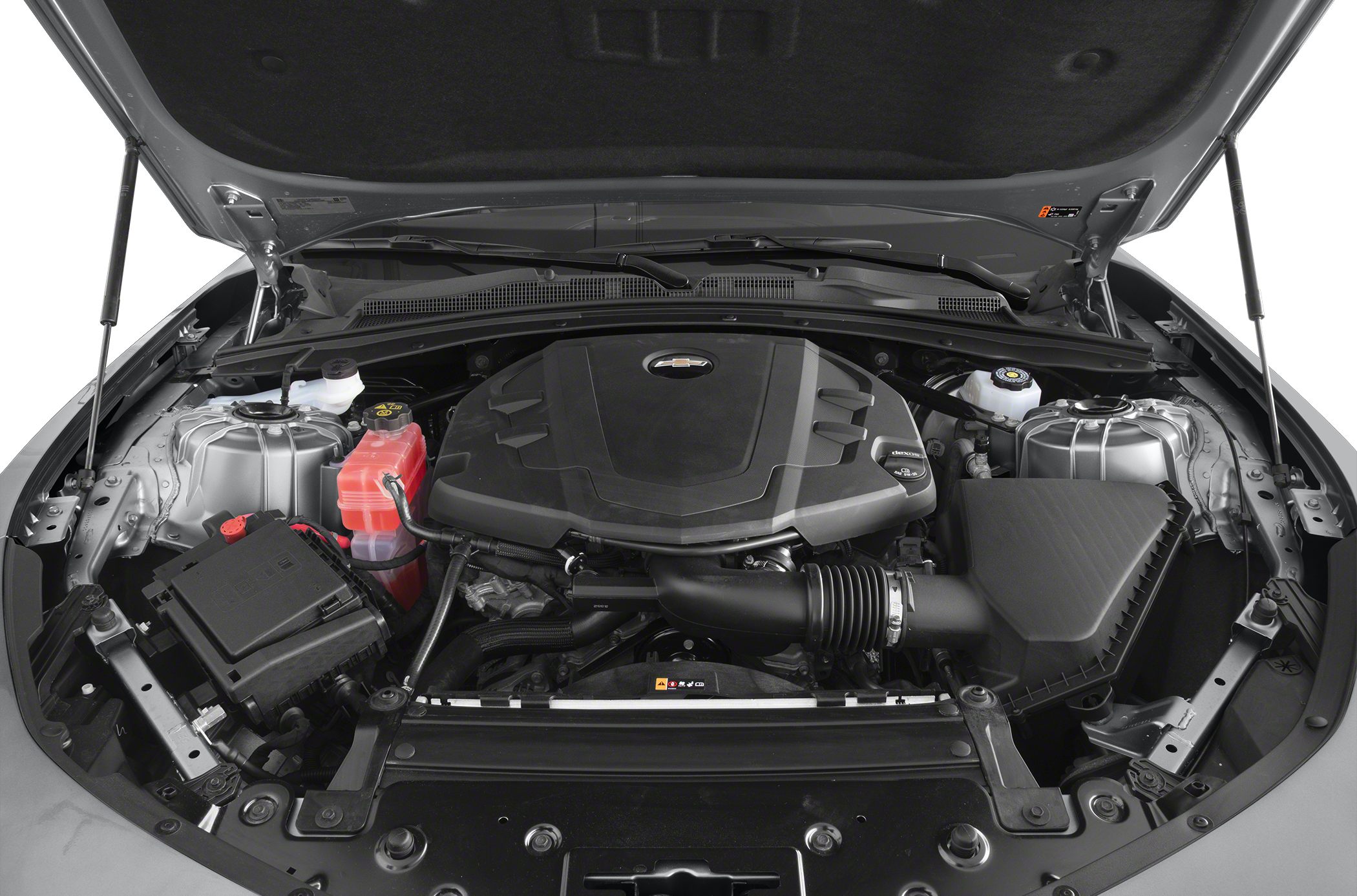 Engine bay view with modern components and plastic engine cover