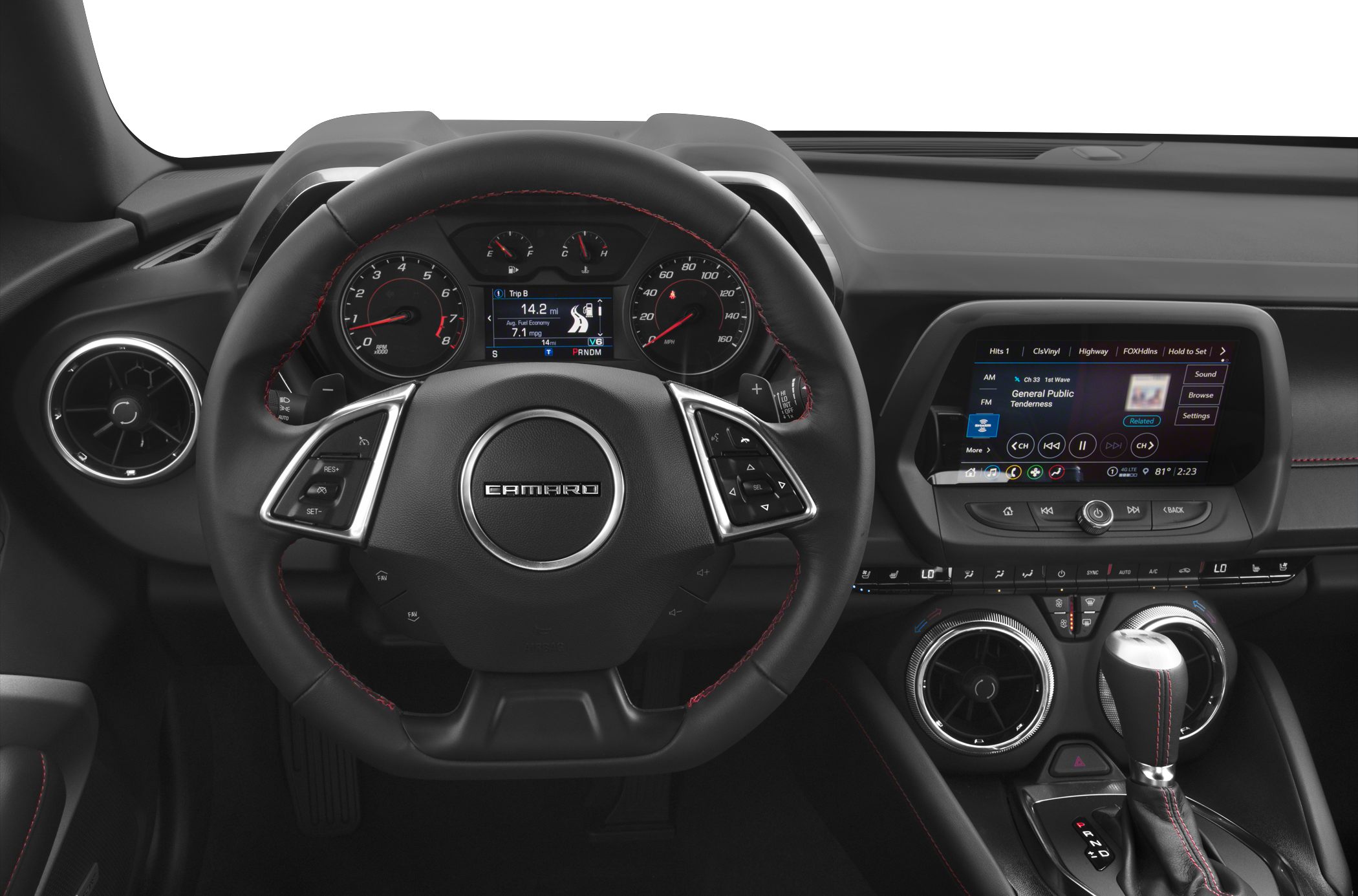 Steering wheel, instrument cluster, infotainment screen, and gear shift