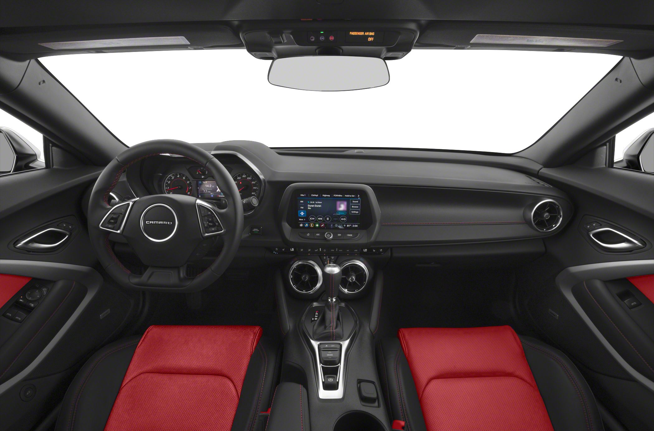 Sporty convertible interior with red seats and modern dashboard