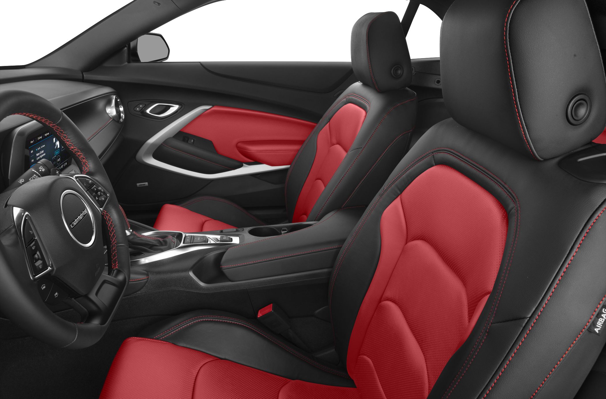 Red and black leather seats with red stitching in a convertible interior