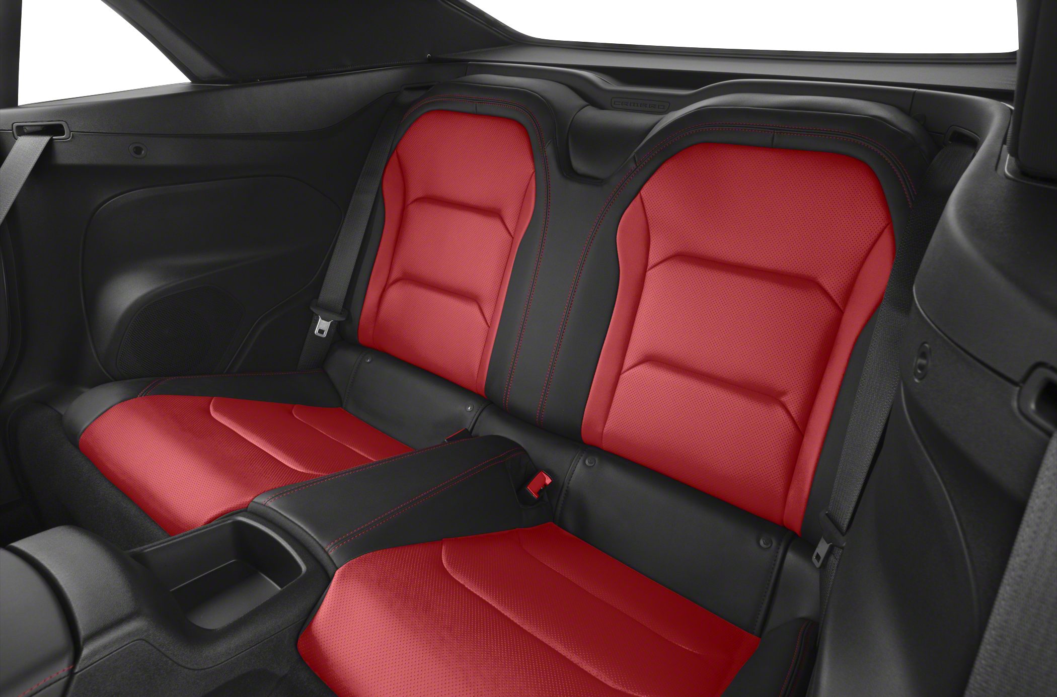 Red and black two-tone rear seats with sporty design and seat belts.