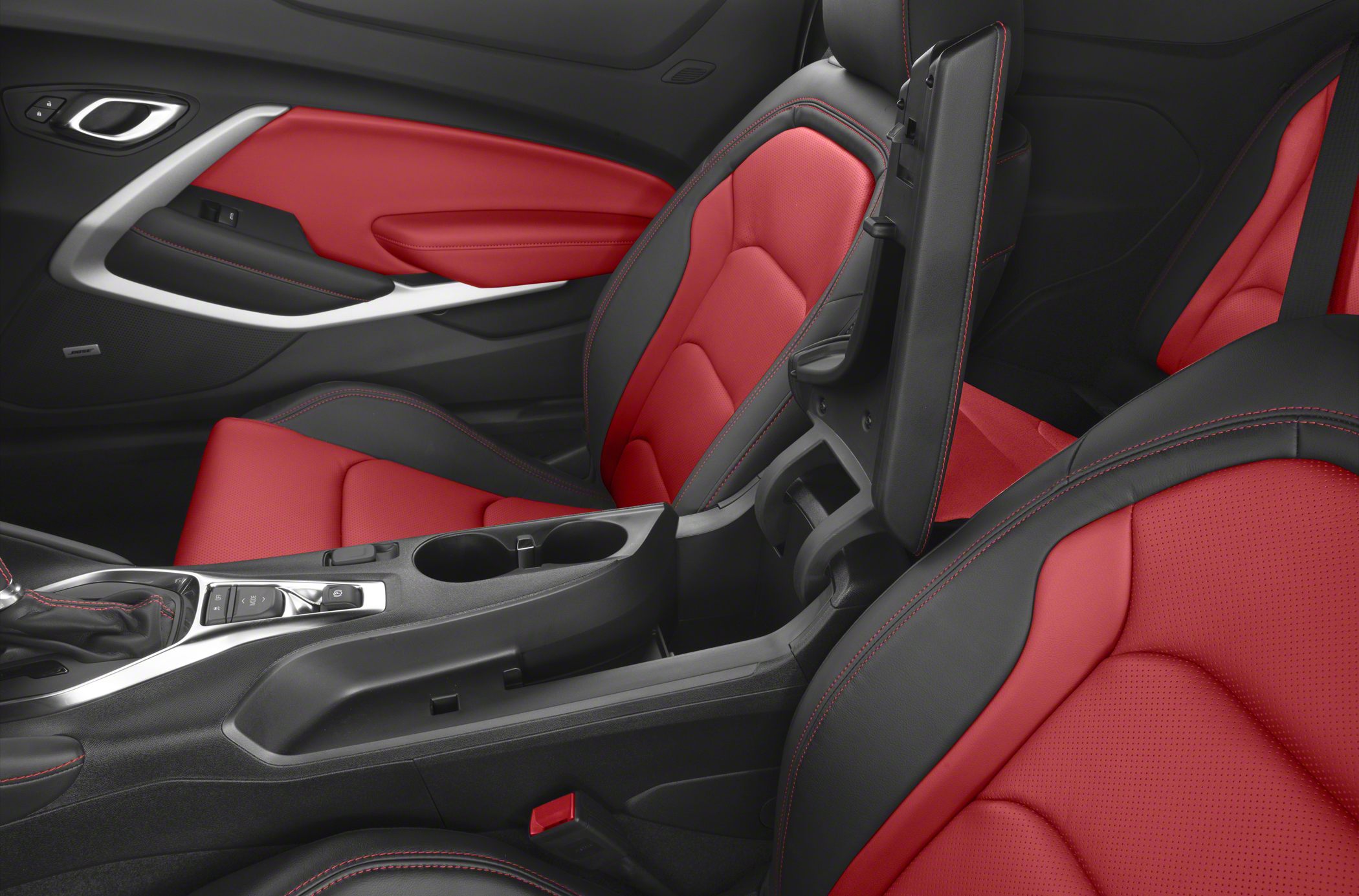 Sporty red and black leather seats with center console and door panel