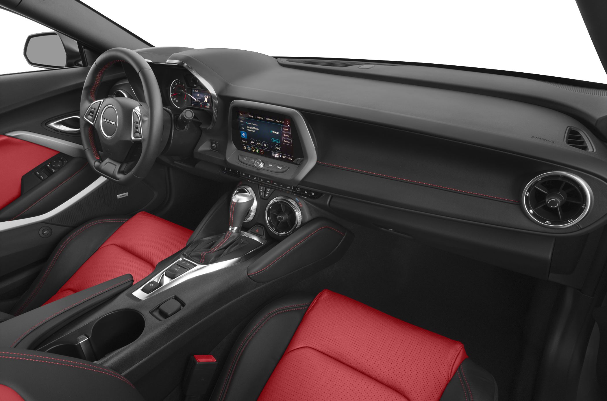 Black and red convertible interior with digital dashboard and automatic gear shift