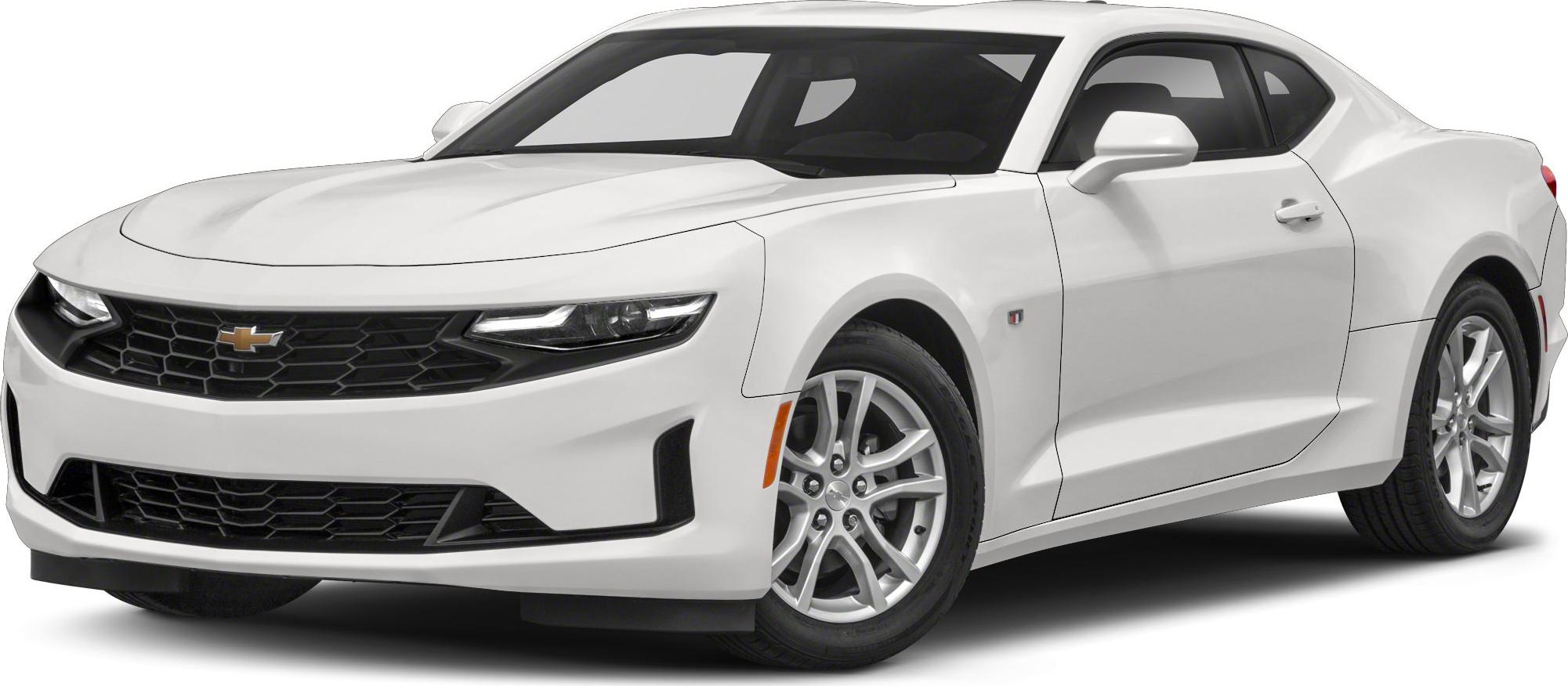White muscle coupe with aggressive front grille and sleek headlights