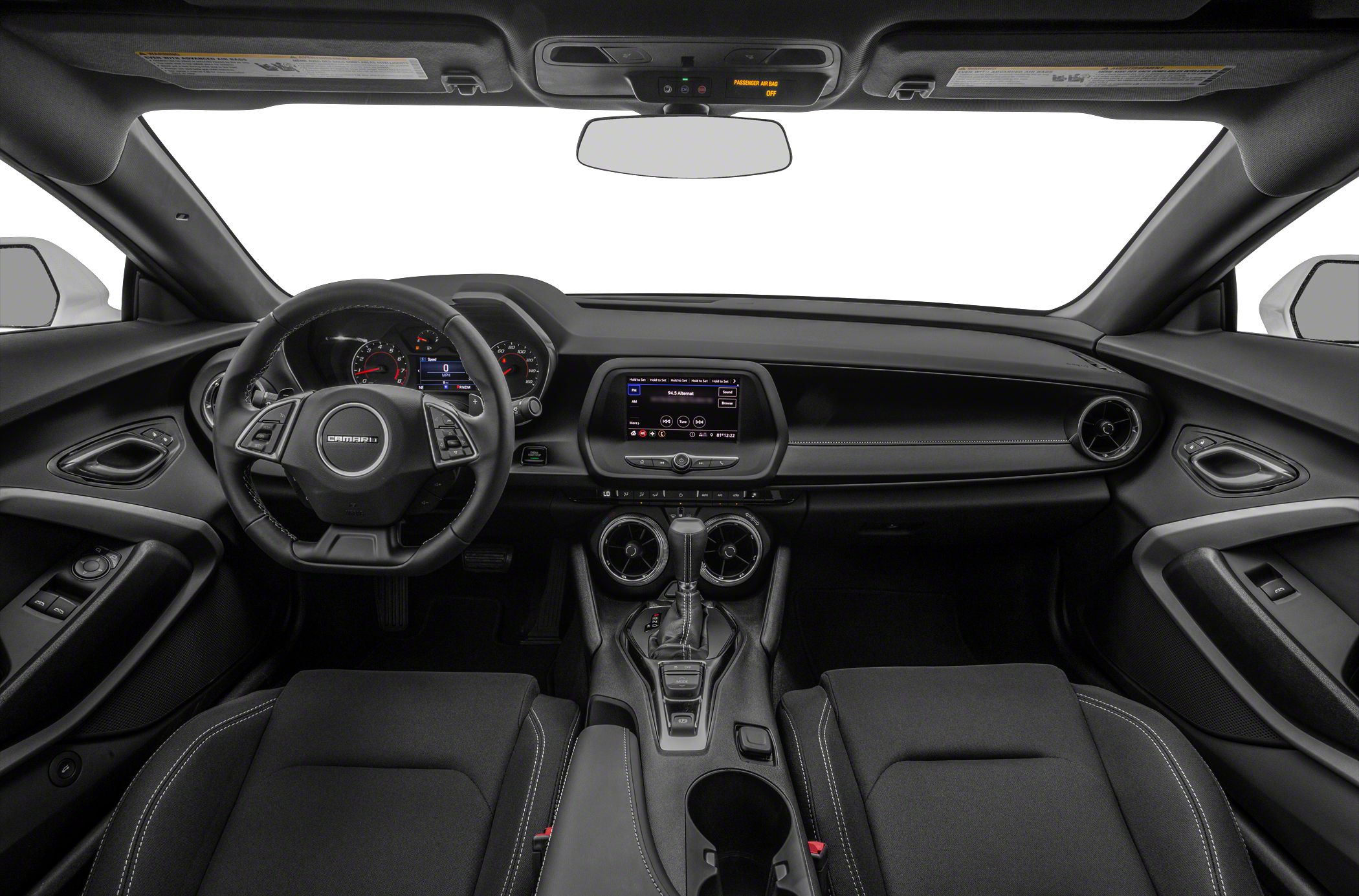 Steering wheel, dashboard, infotainment screen, gear shifter, seats, and interior design