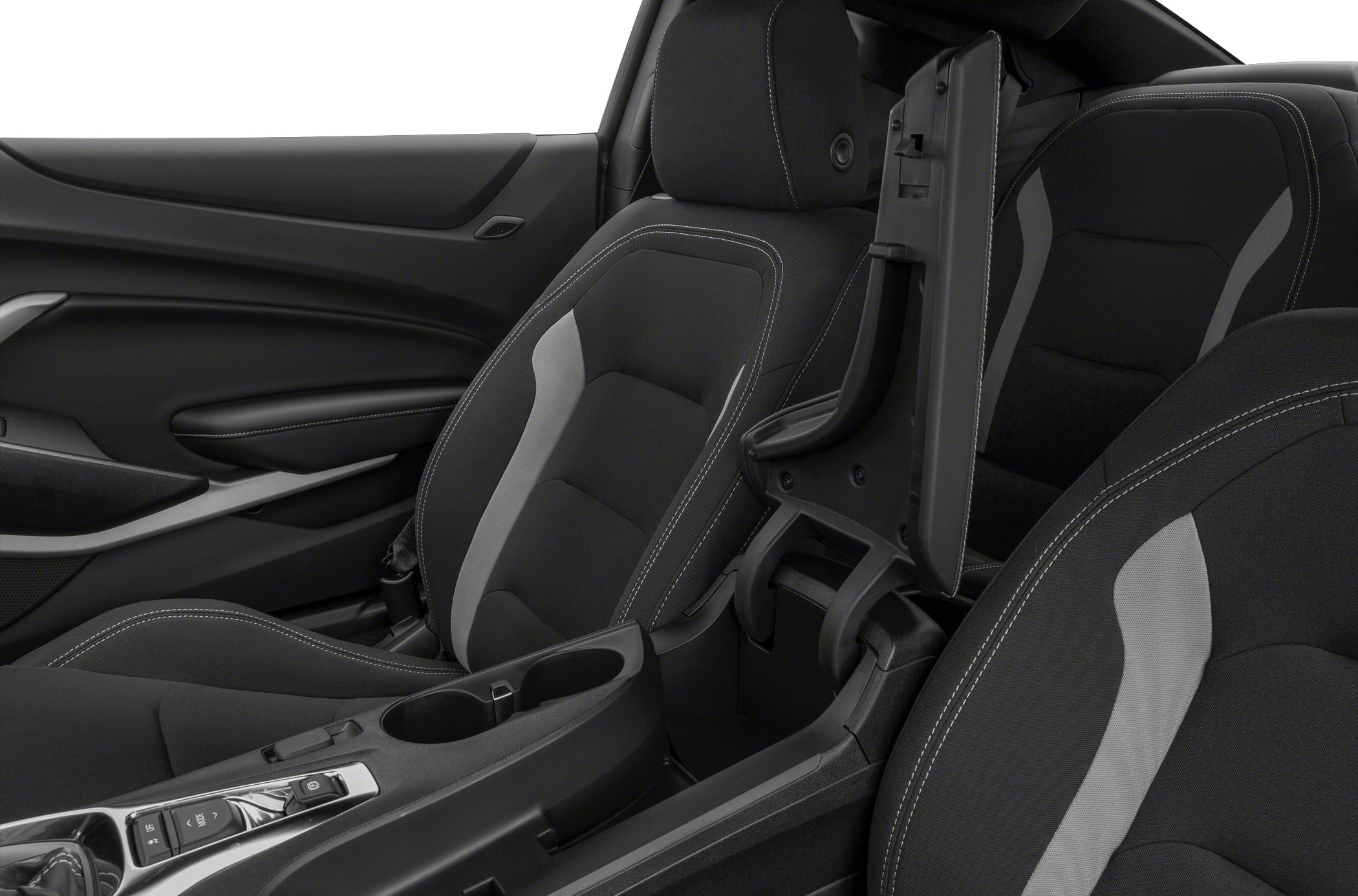 Sporty black and gray interior seats with center console storage and cup holders.