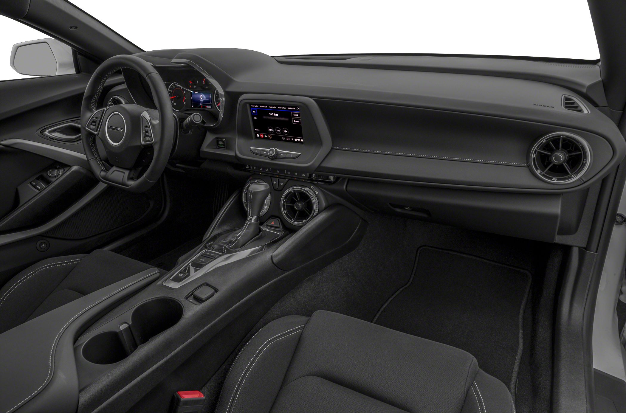 Modern sports car interior with digital cluster and touchscreen infotainment