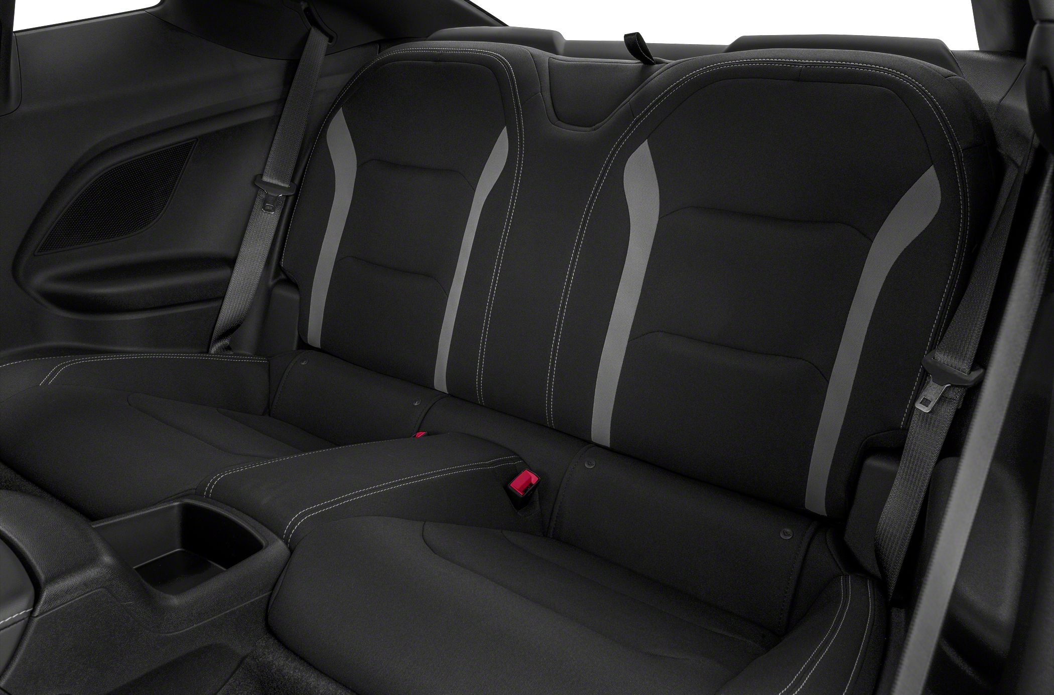 Rear seating interior with black upholstery and gray accents