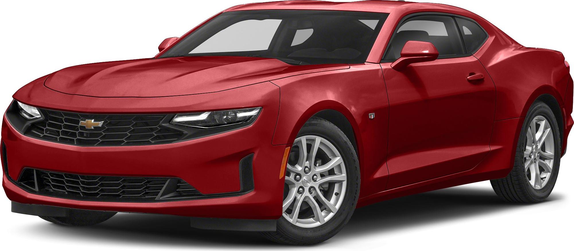 Red sports coupe with aggressive front grille and narrow LED headlights