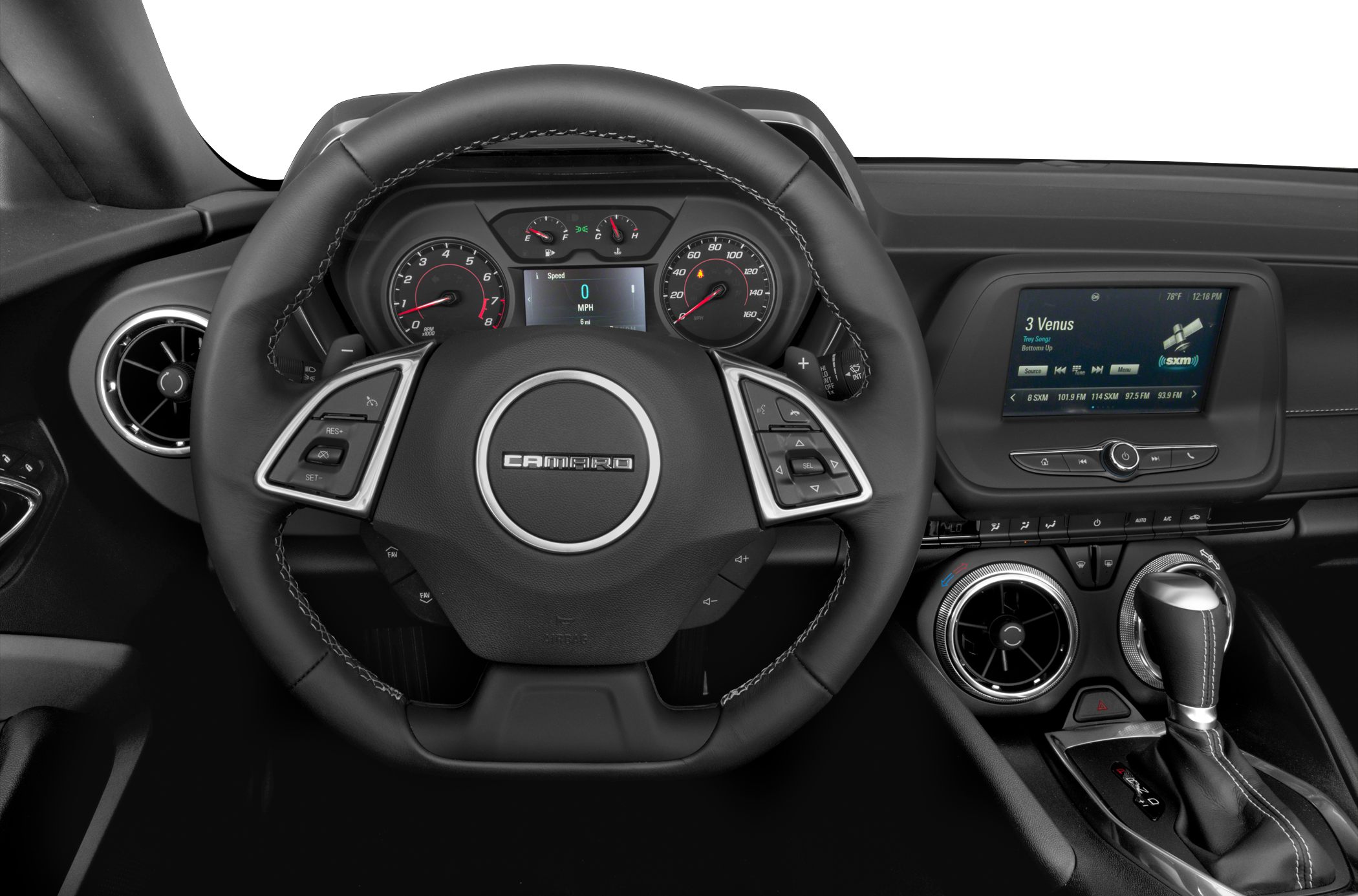 Steering wheel, digital instrument cluster, and center console interior